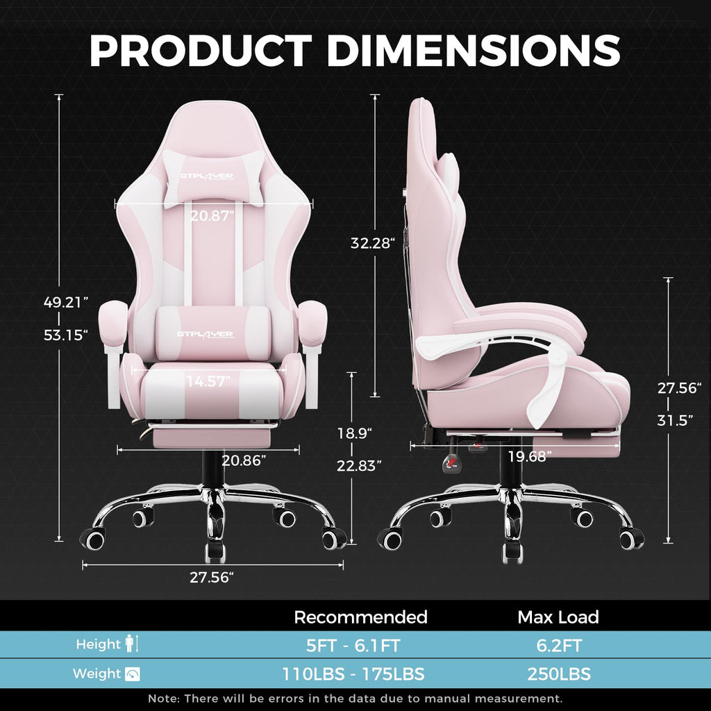 GTPLAYER Gaming Chair, Computer Chair with Footrest and Lumbar Support, Height Adjustable Game Chair with 360°-Swivel Seat and Headrest and for Office or Gaming (Pearl White)