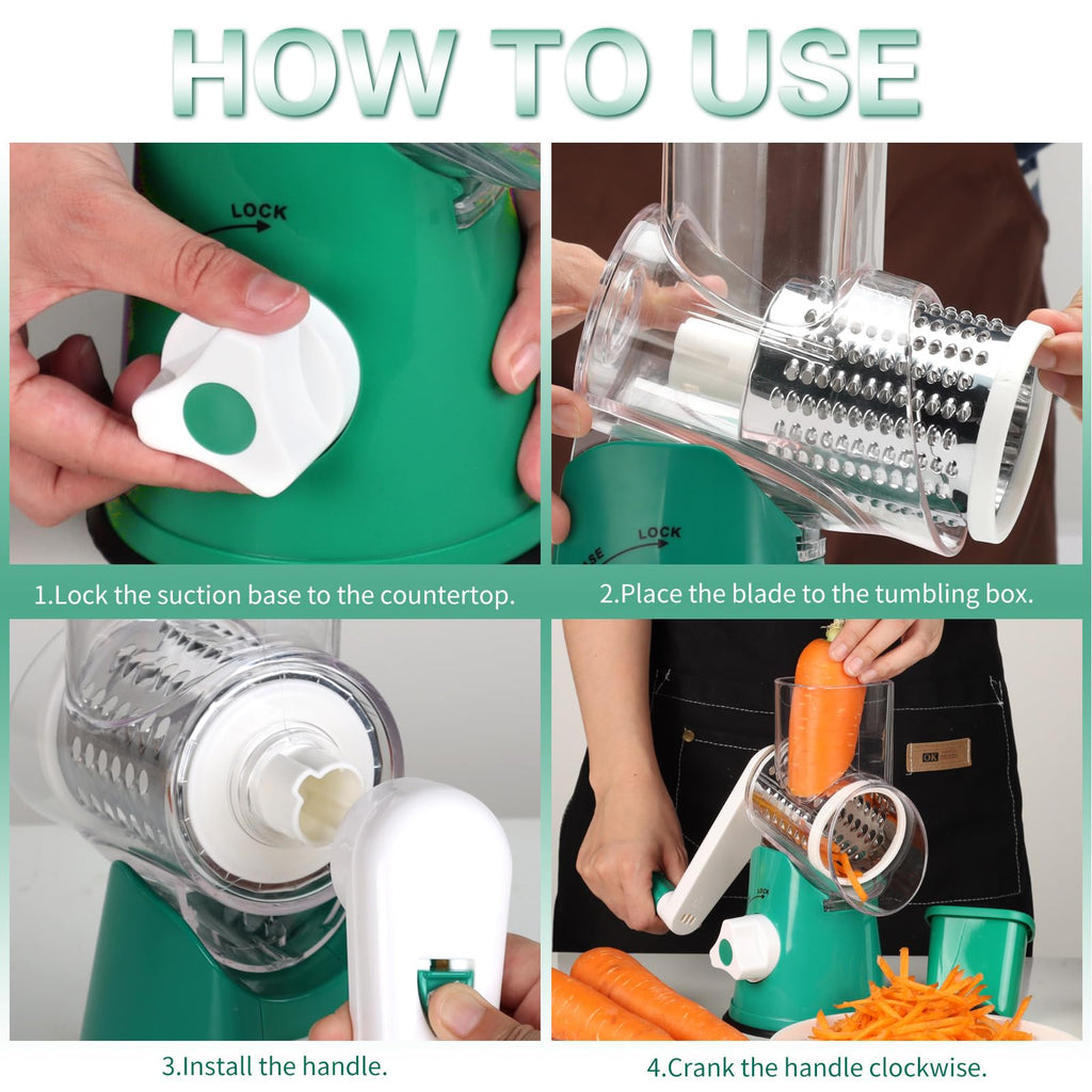 Cambom Rotary Cheese Grater Hand Crank Cheese Shredder for Fresh Cheese, Vegetable, Nuts,Non-slip Suction Base, Three Blades, Black