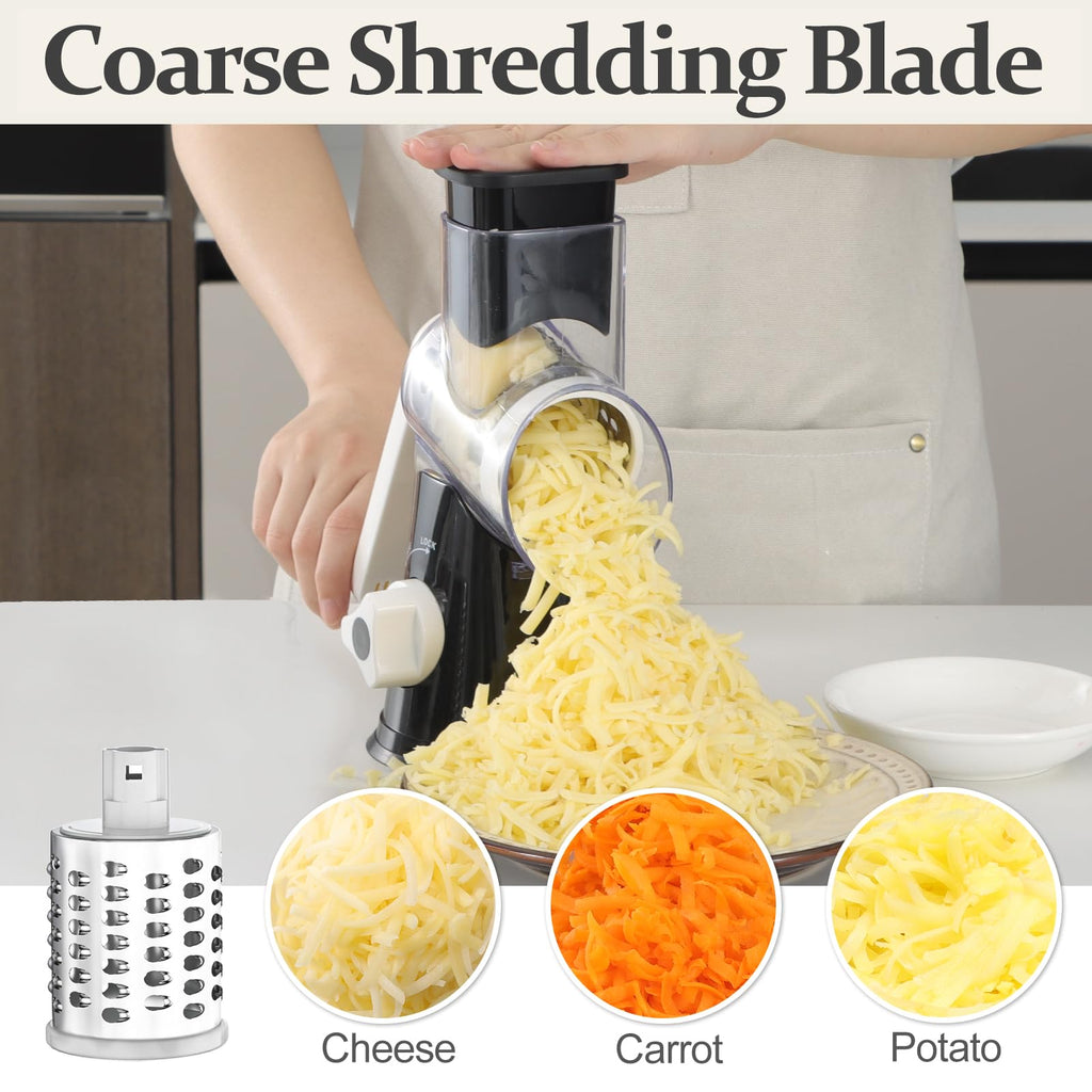 Cambom Rotary Cheese Grater Hand Crank Cheese Shredder for Fresh Cheese, Vegetable, Nuts,Non-slip Suction Base, Three Blades, Black