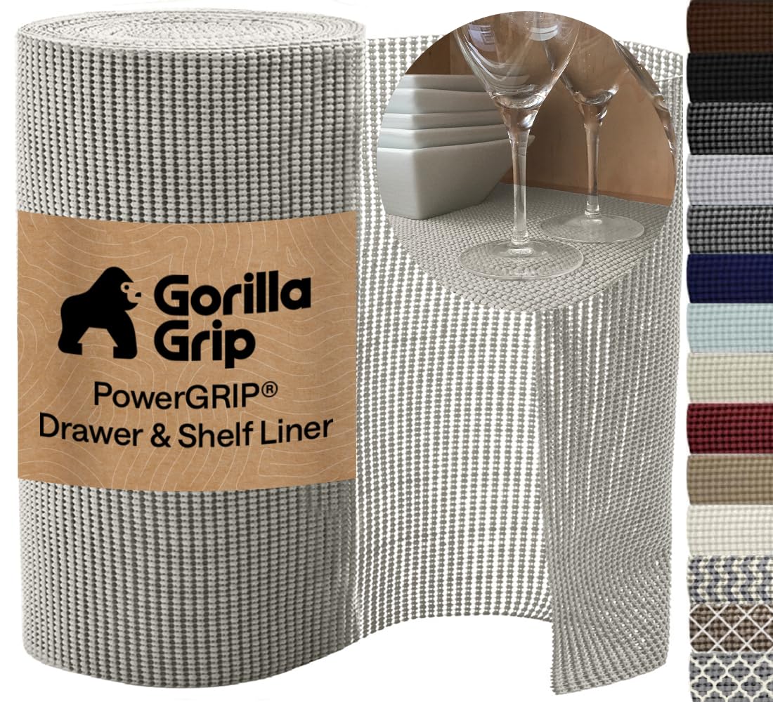 GORILLA GRIP powerGRIP Drawer Shelf and Cabinet Liner, Thick Strong Hold, Non-Adhesive Liners Protect Kitchen Cabinets and Cupboard, Bathroom Drawers, Easy Install Mat, 12" x20', Beige