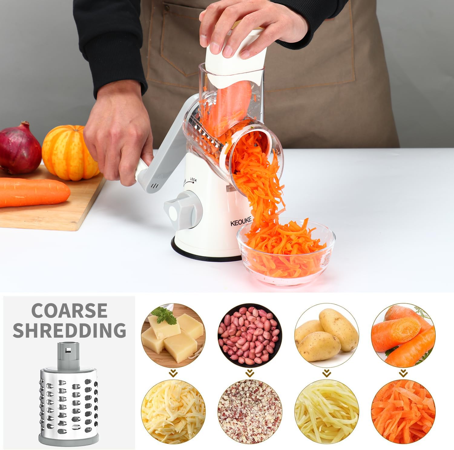 Cambom Rotary Cheese Grater Hand Crank Cheese Shredder for Fresh Cheese, Vegetable, Nuts,Non-slip Suction Base, Three Blades, Black