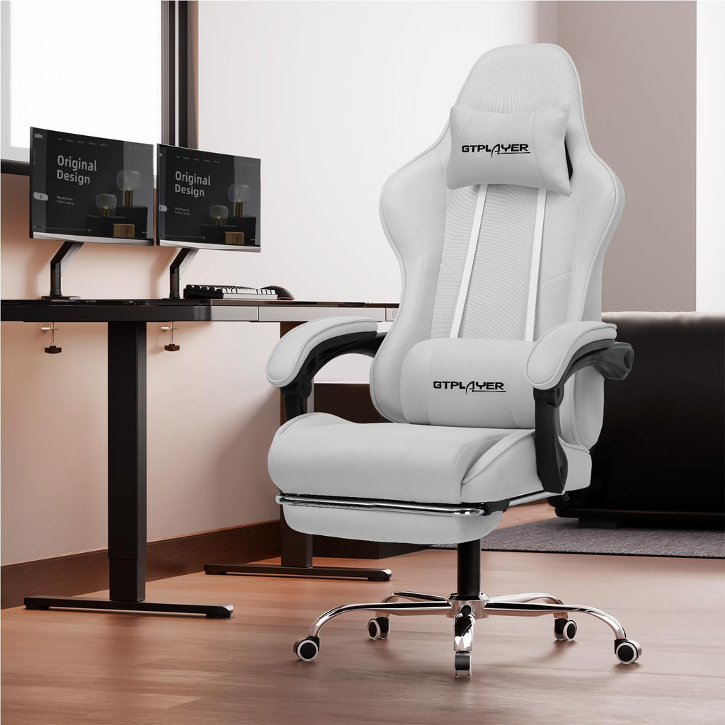 GTPLAYER Gaming Chair, Computer Chair with Footrest and Lumbar Support, Height Adjustable Game Chair with 360°-Swivel Seat and Headrest and for Office or Gaming (Pearl White)