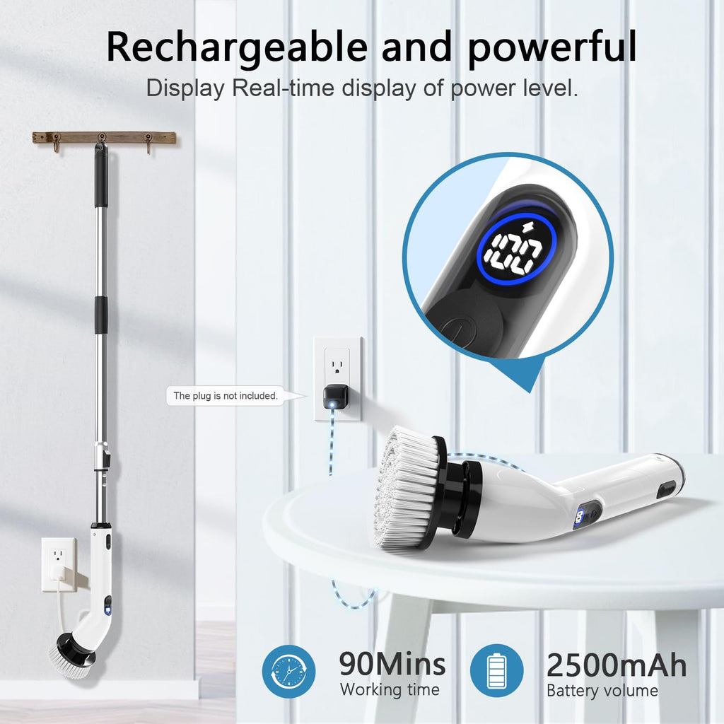 TUYU Electric Spin Scrubber,IPX7 Full-Body Waterproof Cordless Cleaning Tool, LCD Battery Indicator, Adjustable Extension Handle, 90-Minute Runtime for Bathroom, Kitchen, Glass, Car