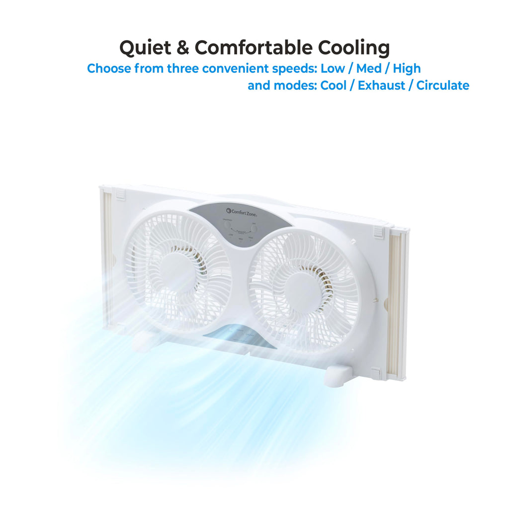 Comfort Zone Twin Window Fan with Reversible Airflow Control, 9 inch, Auto-Locking Expanders, 2 Speed Fan, Dual Fan, Exhaust, Airflow 9.84 ft/sec, Ideal for Home, Kitchen, Bedroom & Office, CZ319WT