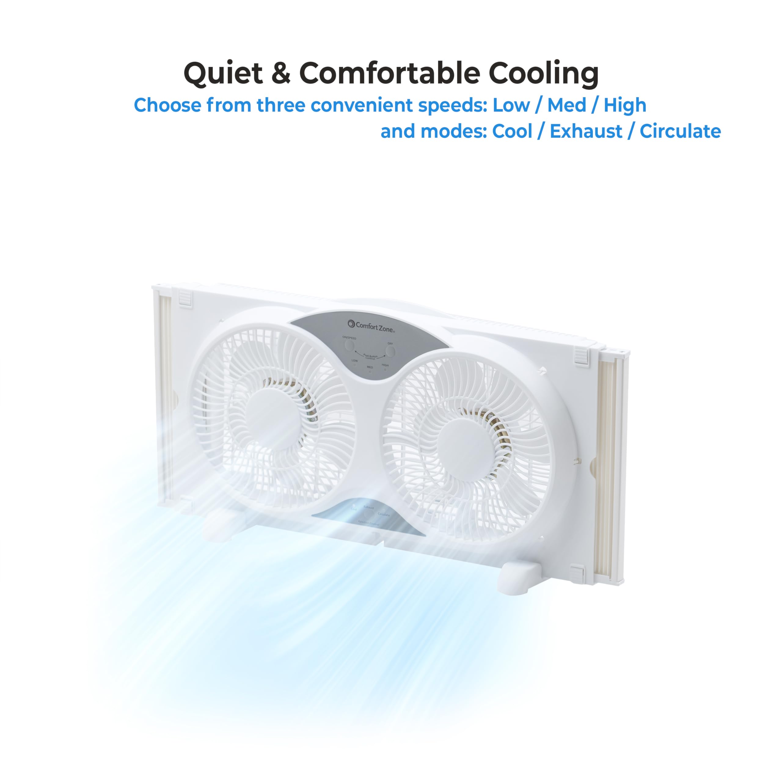 Comfort Zone Twin Window Fan with Reversible Airflow Control, 9 inch, Auto-Locking Expanders, 2 Speed Fan, Dual Fan, Exhaust, Airflow 9.84 ft/sec, Ideal for Home, Kitchen, Bedroom & Office, CZ319WT
