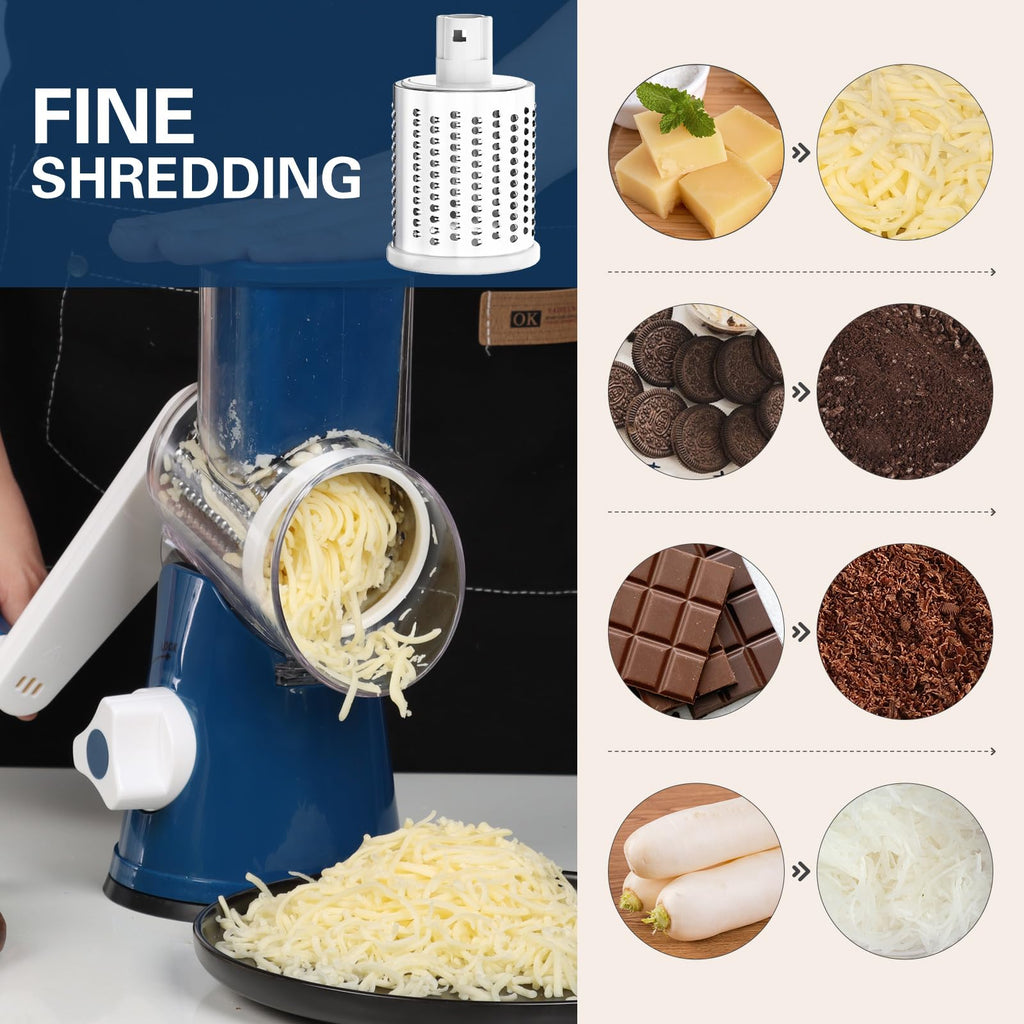 Cambom Rotary Cheese Grater Hand Crank Cheese Shredder for Fresh Cheese, Vegetable, Nuts,Non-slip Suction Base, Three Blades, Black