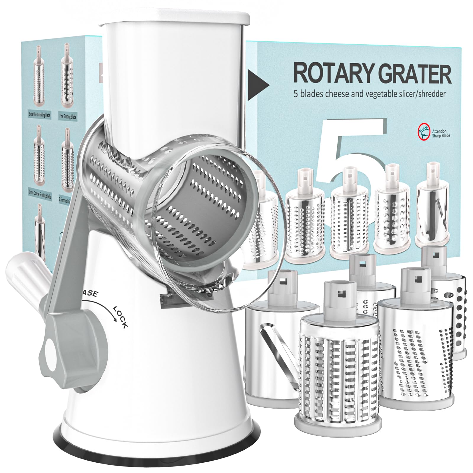 Cambom Rotary Cheese Grater Hand Crank Cheese Shredder for Fresh Cheese, Vegetable, Nuts,Non-slip Suction Base, Three Blades, Black