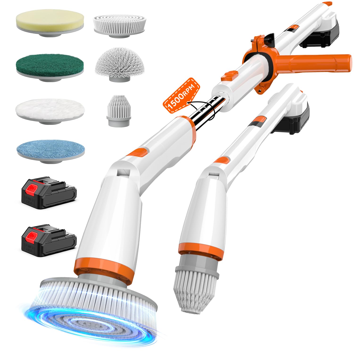 TUYU Electric Spin Scrubber,IPX7 Full-Body Waterproof Cordless Cleaning Tool, LCD Battery Indicator, Adjustable Extension Handle, 90-Minute Runtime for Bathroom, Kitchen, Glass, Car
