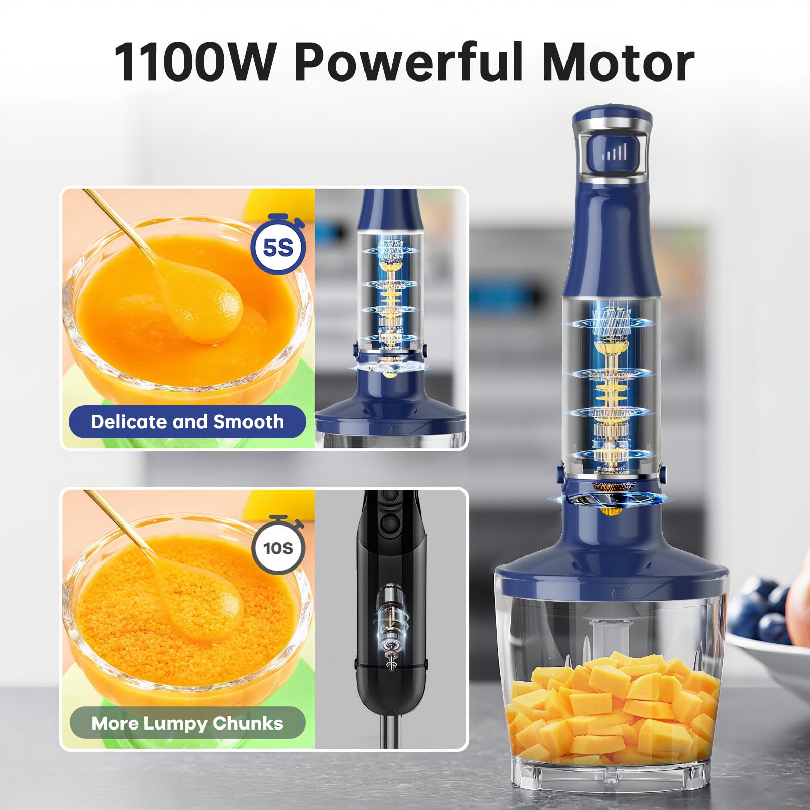 Turelar Immersion Blender Handheld Corded Hand Blenders Set 1100W, Trigger Variable Speed 5 in 1 Stick Emulsifier with Chopper, Whisk and Frother for Soup, Baby Food and Smoothies,Black