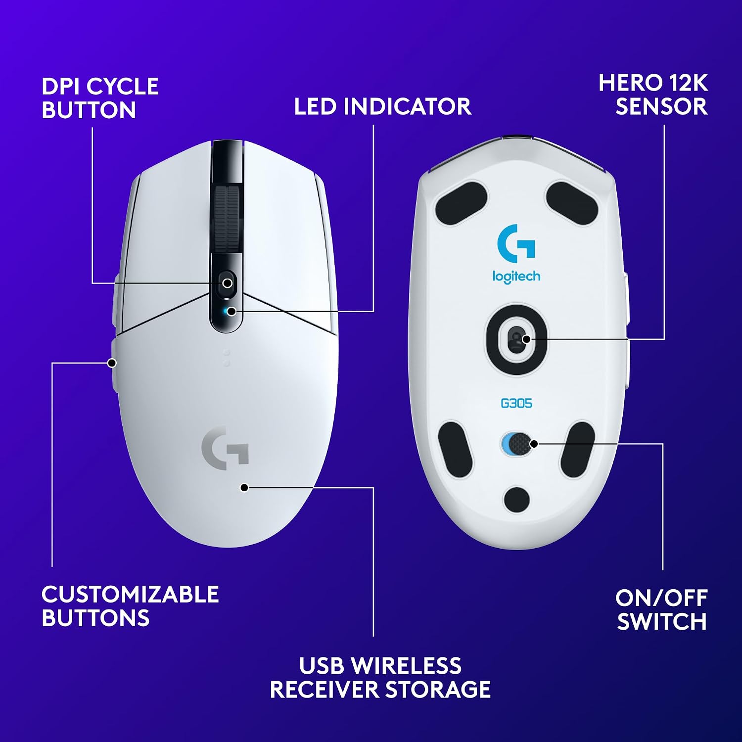 Logitech G305 Lightspeed Wireless Gaming Mouse, Hero Sensor, 12,000 DPI, Lightweight, 6 Programmable Buttons, 250h Battery, On-Board Memory, Compatible with PC, Mac - Black