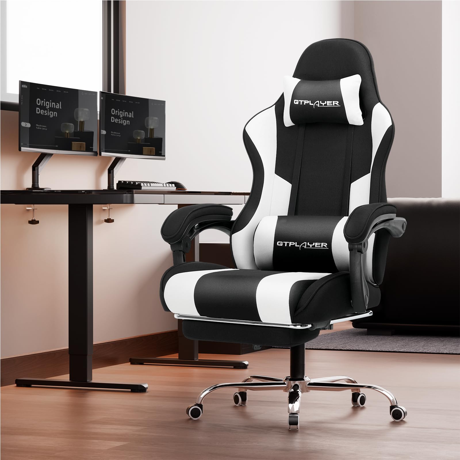 GTPLAYER Gaming Chair, Computer Chair with Footrest and Lumbar Support, Height Adjustable Game Chair with 360°-Swivel Seat and Headrest and for Office or Gaming (Pearl White)