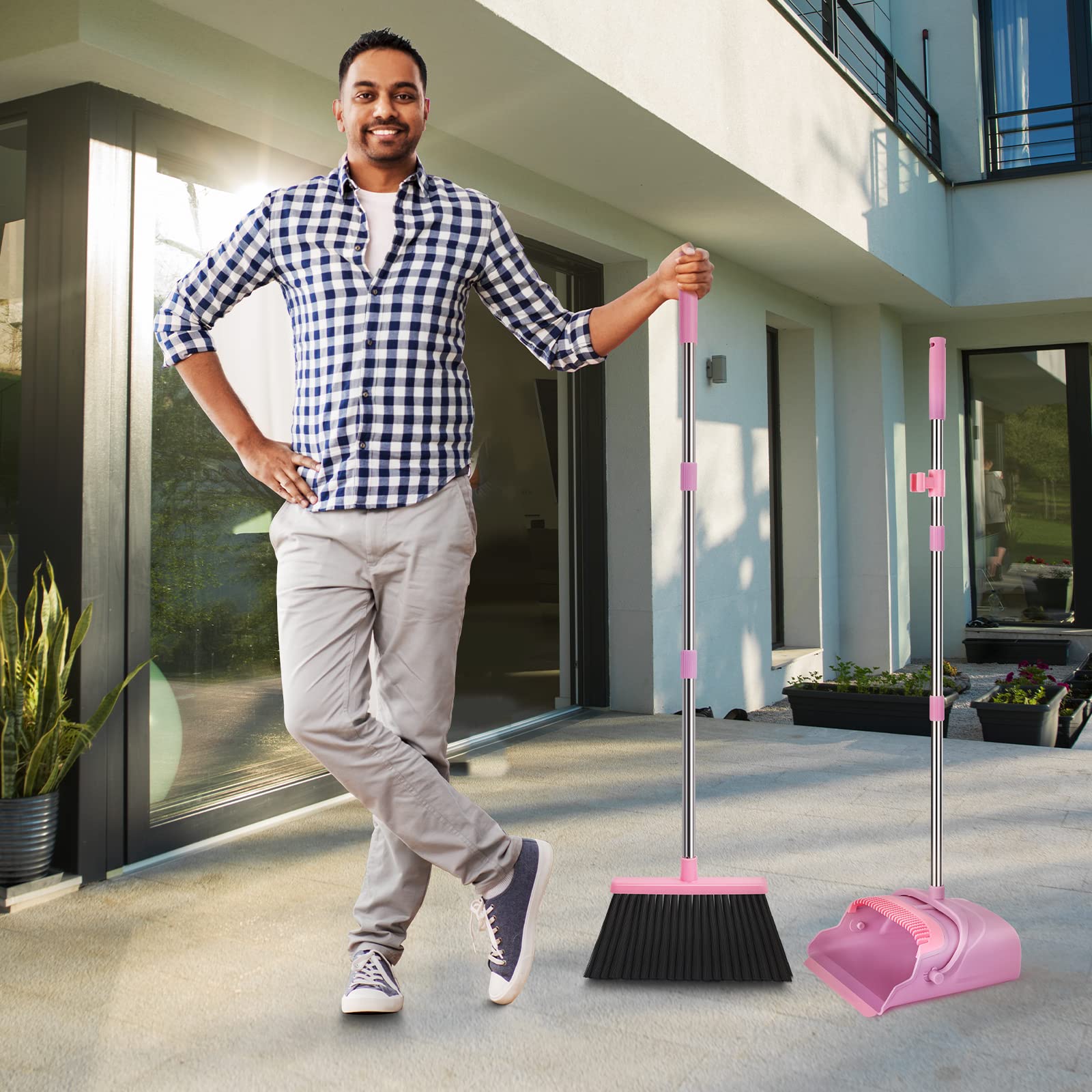 Upgrade Broom and Dustpan Set, Large Size and with Long Handle, Upright,Ideal for Indoor Outdoor Garage Kitchen Room Office Lobby Use (Green)