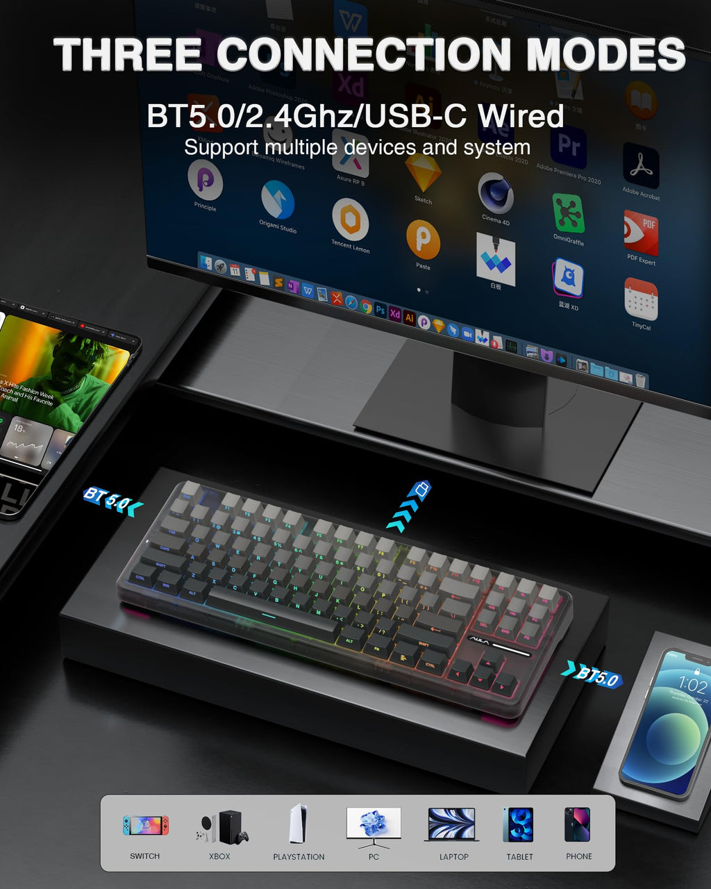 AULA F75 Pro Wireless Mechanical Keyboard,75% Hot Swappable Custom Keyboard with Knob,RGB Backlit,Pre-lubed Reaper Switches,Side Printed PBT Keycaps,2.4GHz/USB-C/BT5.0 Mechanical Gaming Keyboards