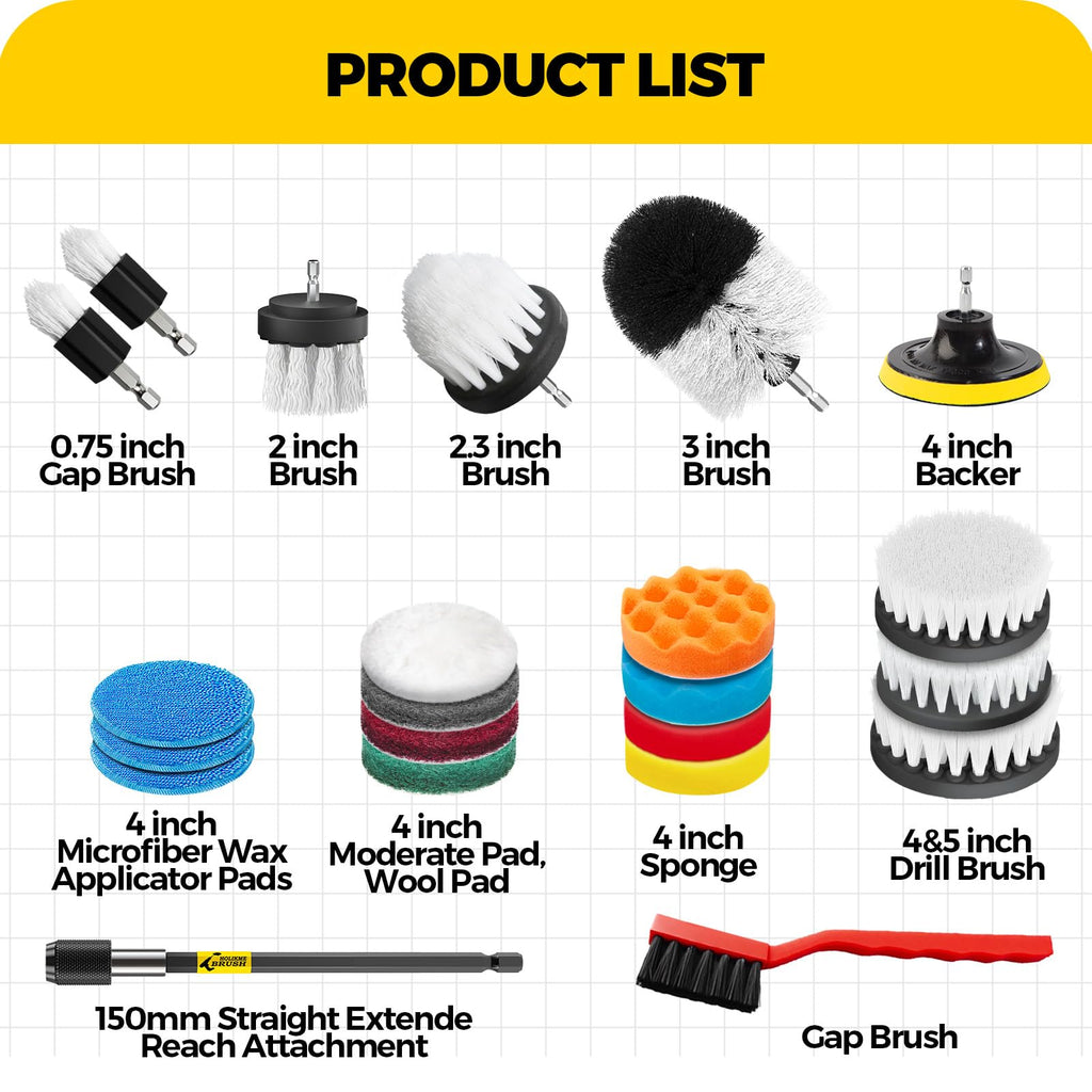 Holikme 22Pack Drill Brush Attachments Set,Scrub Pads & Sponge, Buffing Pads,Power Scrubber Brush,Car Polishing Pad Kit,Wax Applicator Pad,Car Cleaning Kit,Masonry Brushes,Cleaning Supplies