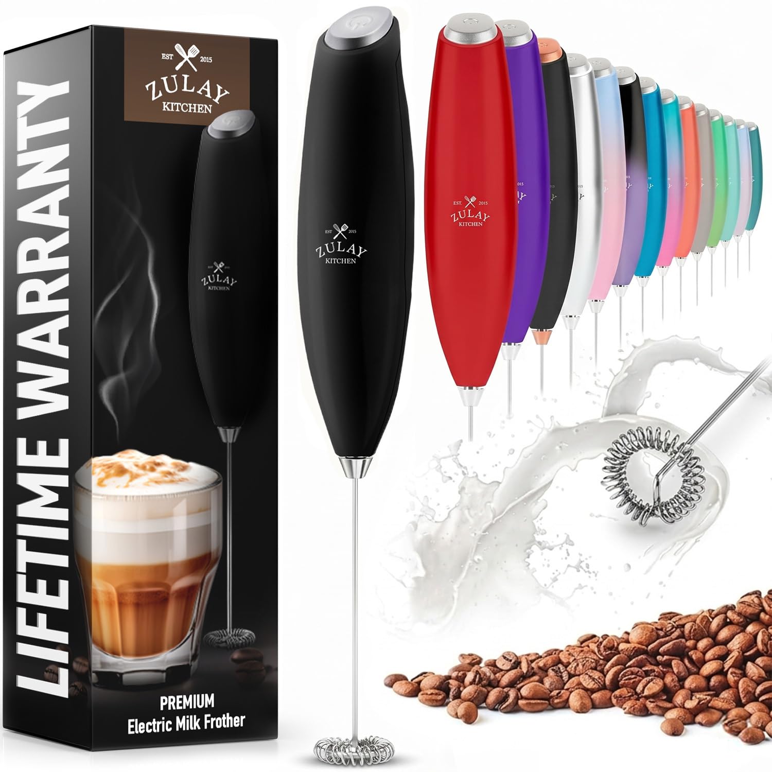 Zulay Kitchen Powerful Milk Frother Wand With Duracell Batteries - Ultra Fast Handheld Drink Mixer - Electric Whisk Foam Maker for Coffee, Lattes, Cappuccino & Matcha - Z1 Motor - Black