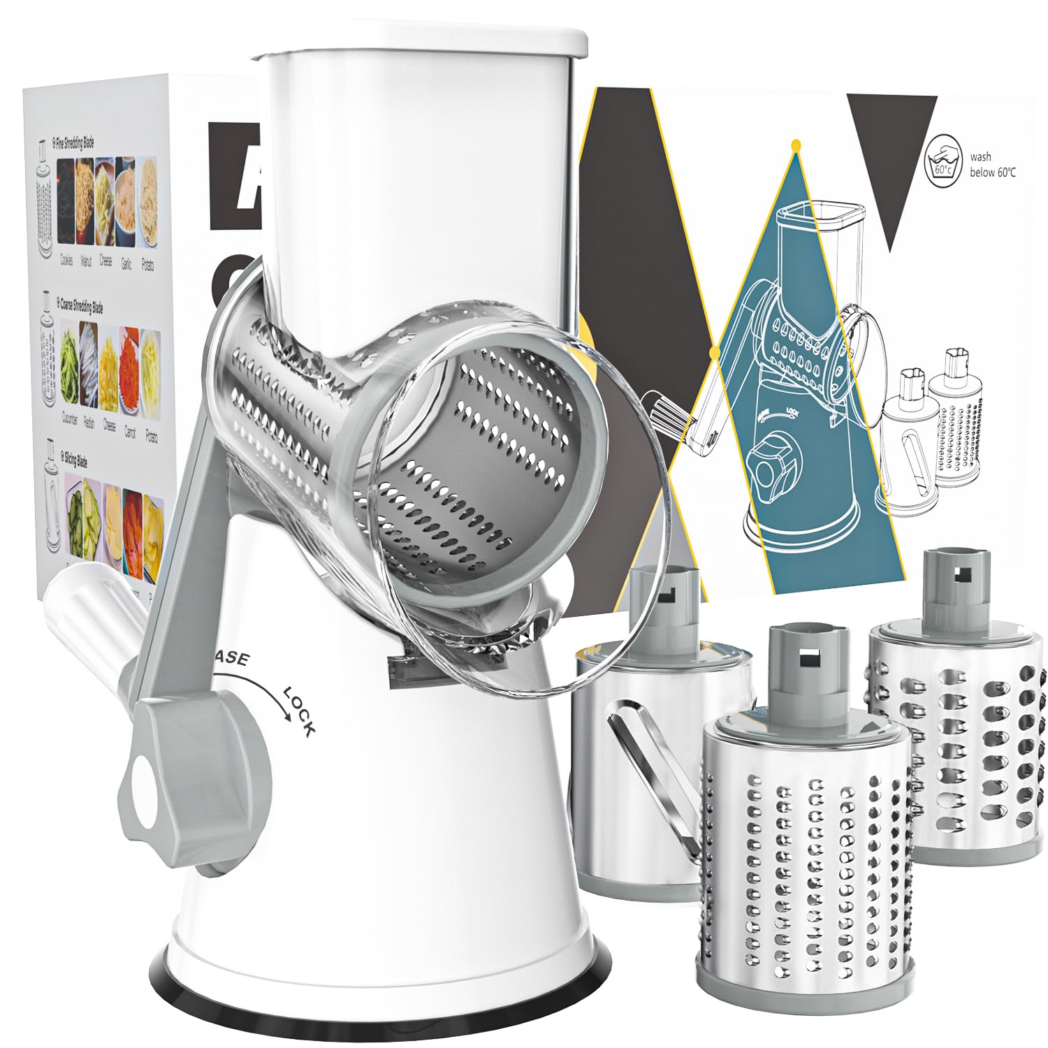Cambom Rotary Cheese Grater Hand Crank Cheese Shredder for Fresh Cheese, Vegetable, Nuts,Non-slip Suction Base, Three Blades, Black