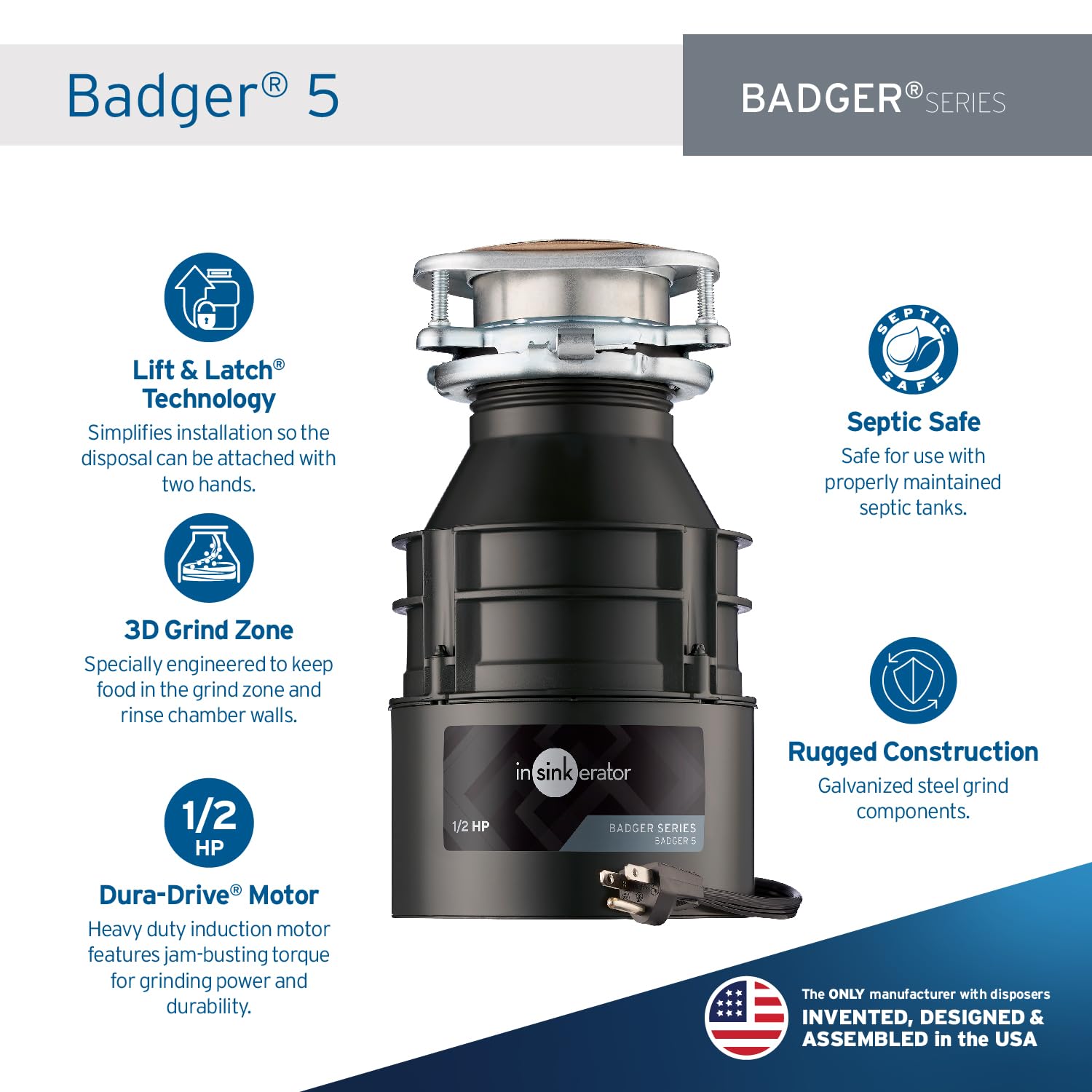 InSinkErator Badger 5 Garbage Disposal with Power Cord, Badger Series 1/2 HP Continuous Feed Food Waste Disposer
