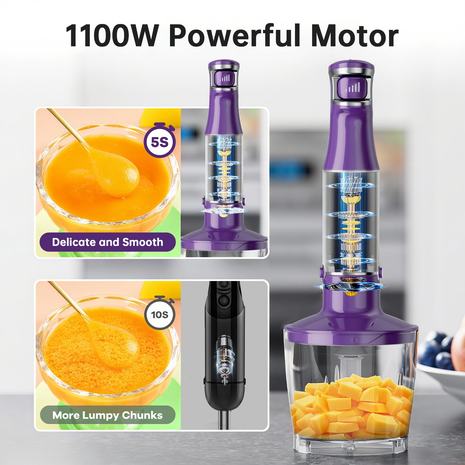 Turelar Immersion Blender Handheld Corded Hand Blenders Set 1100W, Trigger Variable Speed 5 in 1 Stick Emulsifier with Chopper, Whisk and Frother for Soup, Baby Food and Smoothies,Black