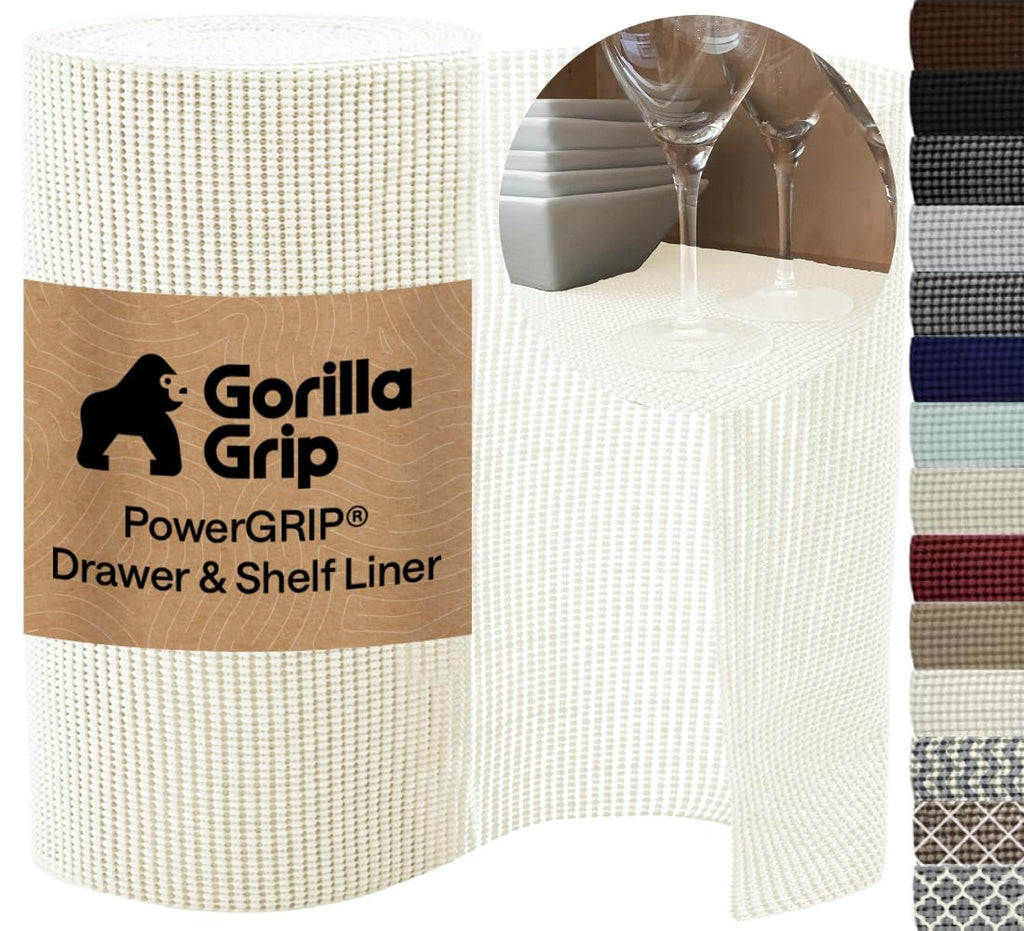 GORILLA GRIP powerGRIP Drawer Shelf and Cabinet Liner, Thick Strong Hold, Non-Adhesive Liners Protect Kitchen Cabinets and Cupboard, Bathroom Drawers, Easy Install Mat, 12" x20', Beige