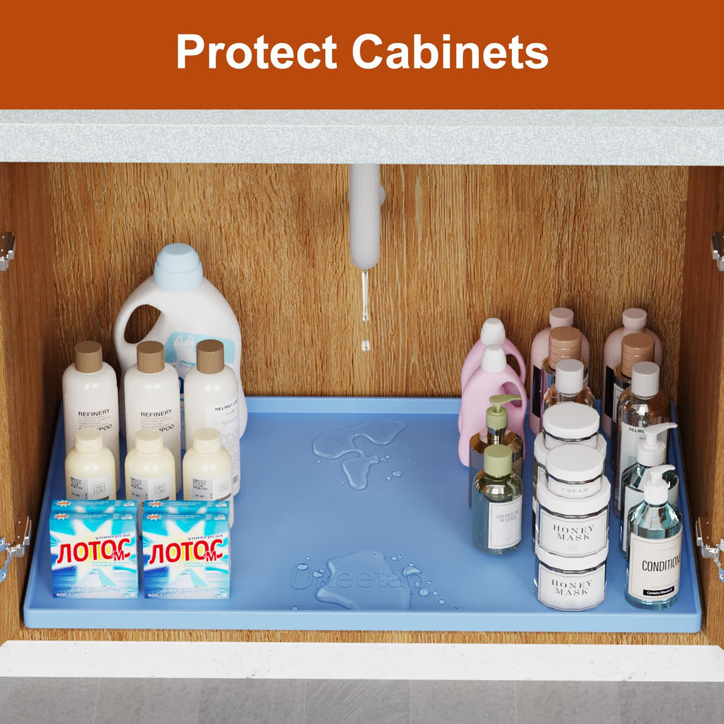 ukeetap Extra Thick Silicone Mat Waterproof with Raised Edge 34" x 22", Under Sink Mat for Kitchen & Bathroom, Kitchen Cabinet Liner, Multi-Purpose for Storage & Protection, Gray