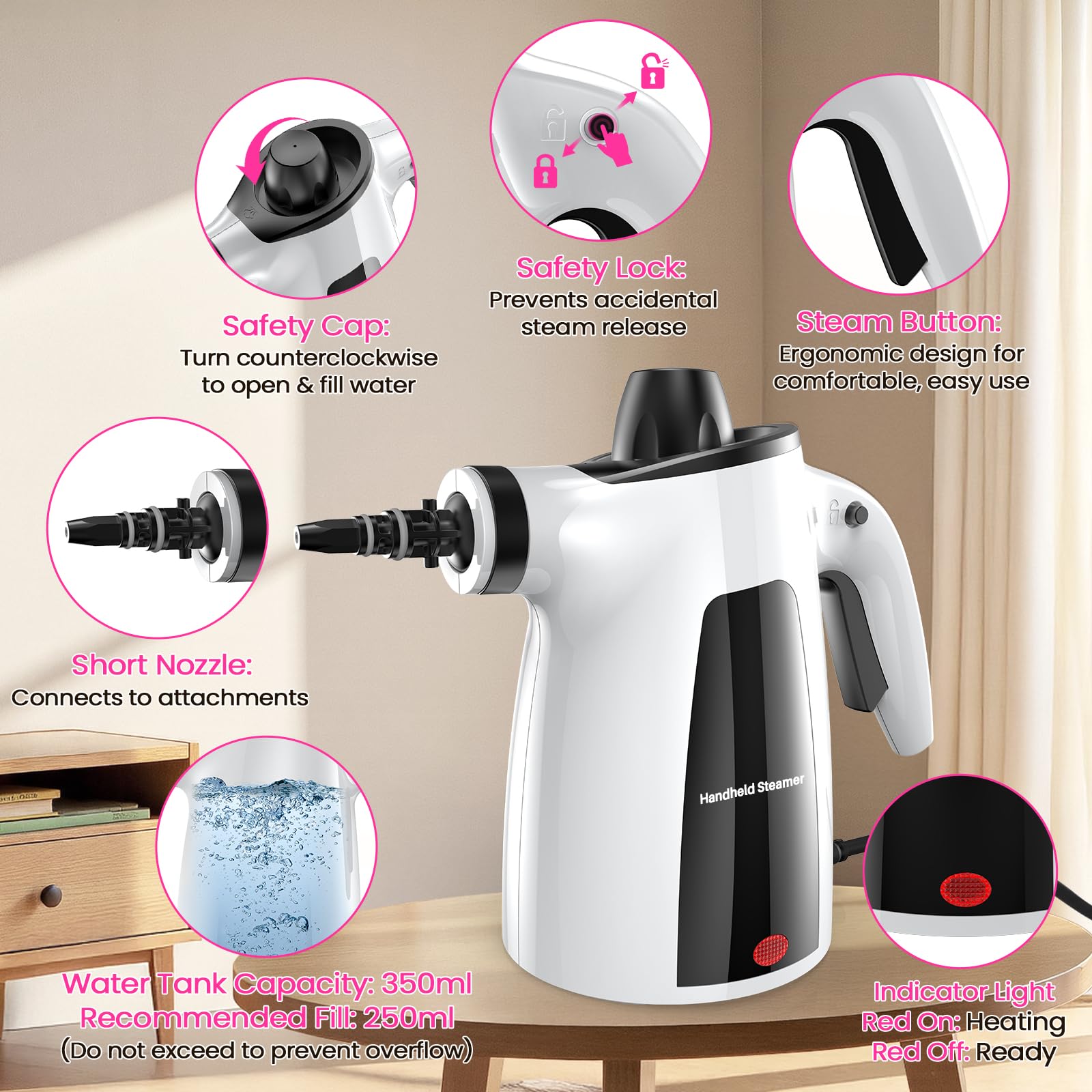 Steam Cleaner, Pressurized Handheld 13pcs Multi-Purpose Natural Deep Cleaning Steamer, Portable Steamer for Cleaning Home, Grout, Kitchen, Car, Window, Upholstery, Bathroom and Clothes, White