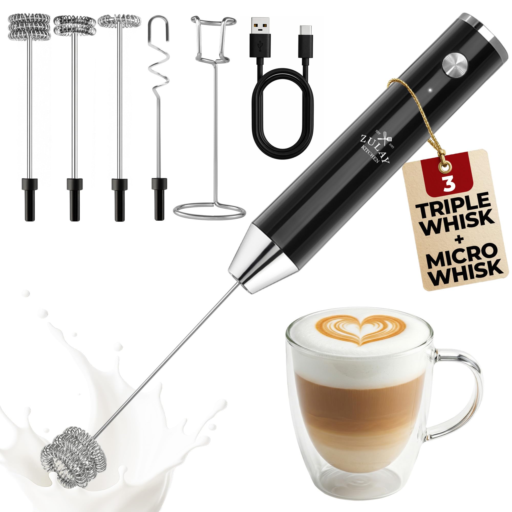 Zulay Kitchen Powerful Milk Frother Wand With Duracell Batteries - Ultra Fast Handheld Drink Mixer - Electric Whisk Foam Maker for Coffee, Lattes, Cappuccino & Matcha - Z1 Motor - Black