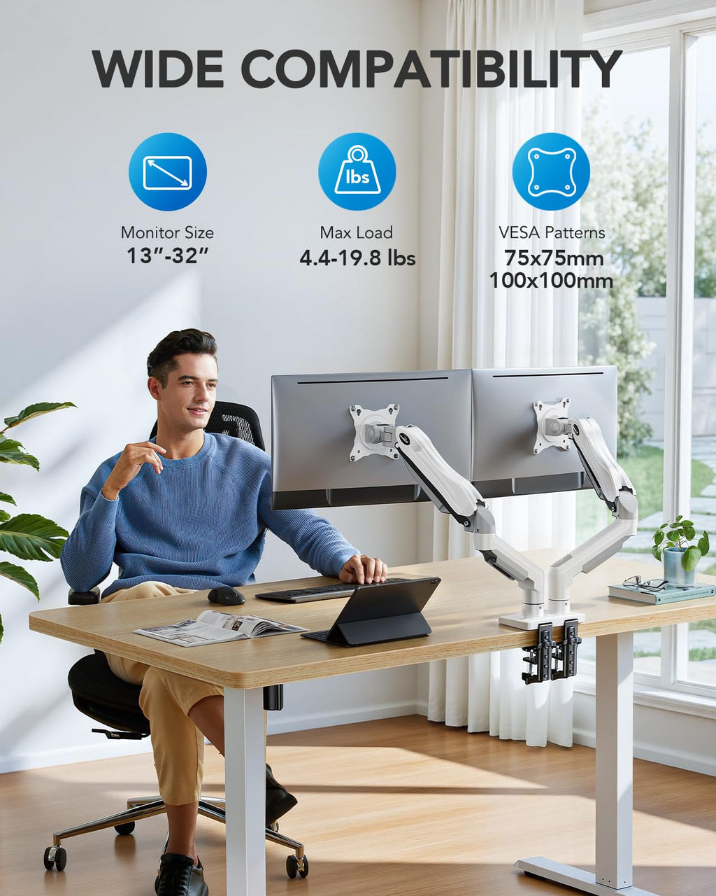 HUANUO FlowLift™ Dual Monitor Stand, Fully Adjustable Gaming Monitor Desk Mount for 13–32″ Computer Screens, Full Motion VESA 75x75/100x100 with C-Clamp & Grommet Base, Each Arm Holds 4.4 to 19.8 lbs