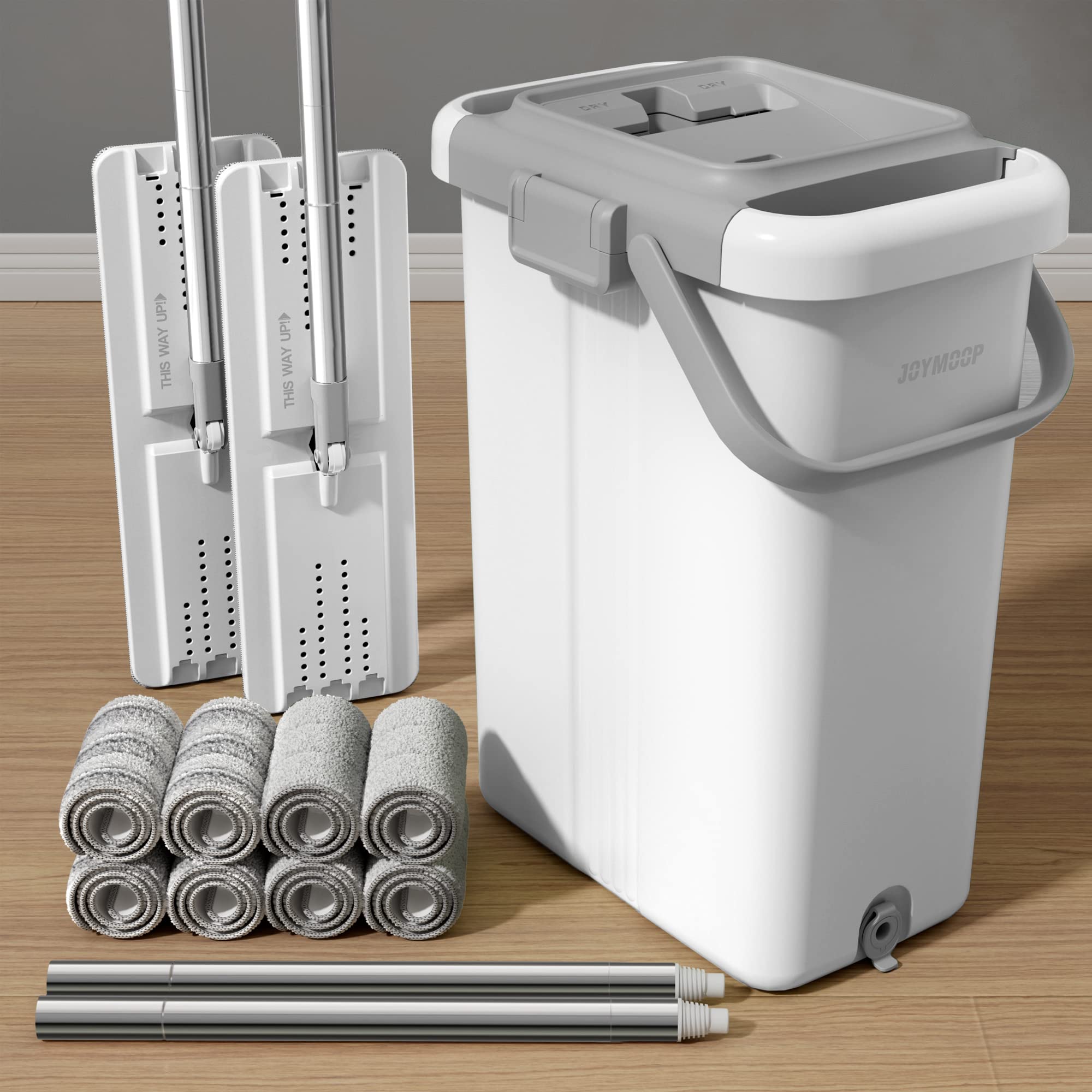 JOYMOOP Mop and Bucket Set, Hands-Free Flat Floor Mop with 3 Washable Microfiber Pads, Wet and Dry Use, Ideal for Home and Commercial Floor Cleaning