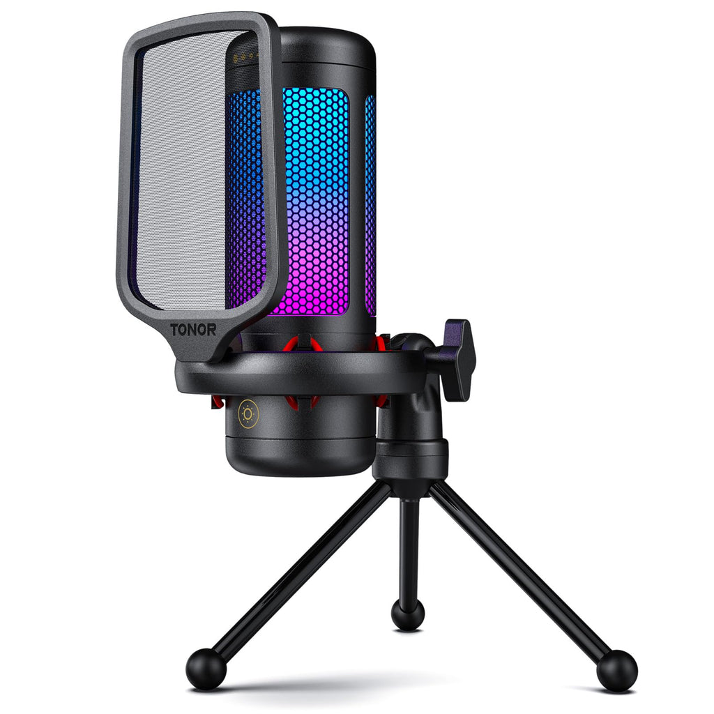 TONOR Gaming Microphone Set with Boom Arm, Vocal Condenser Microphone for PC with Stand, USB Mic with controllable RGB Light, One Tap Mute, Volume Control, for Discord, Twitch Streaming, TC310+