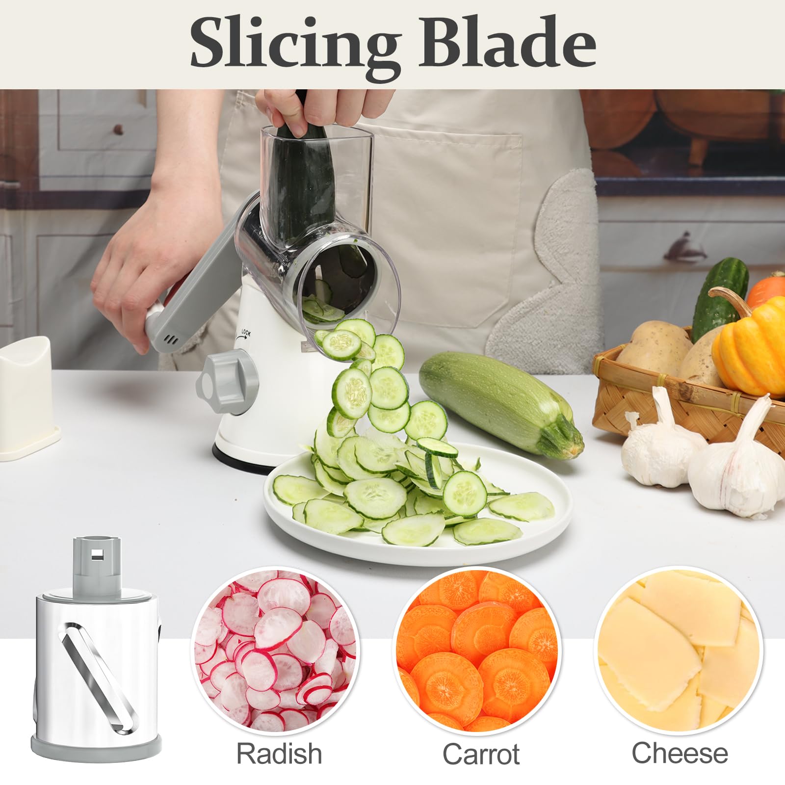 Cambom Rotary Cheese Grater Hand Crank Cheese Shredder for Fresh Cheese, Vegetable, Nuts,Non-slip Suction Base, Three Blades, Black