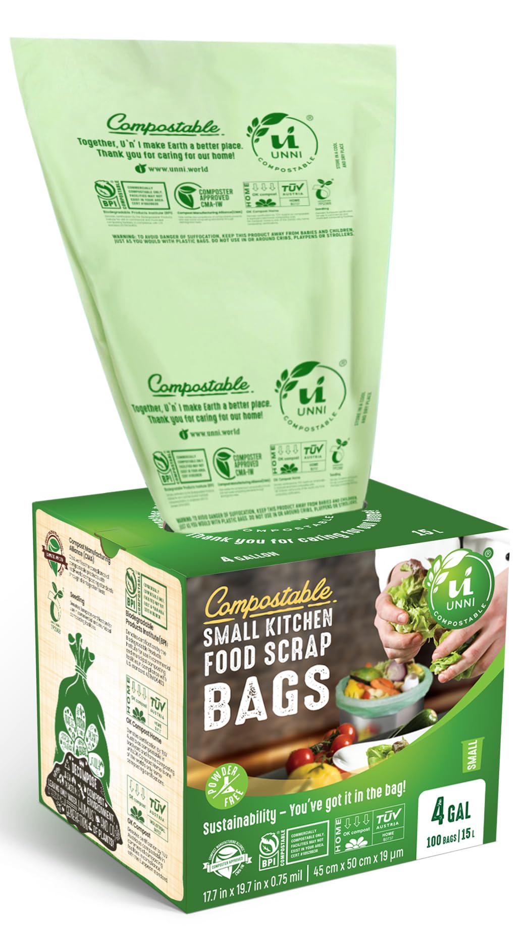 UNNI Compostable Trash Bags, 2.6 Gallon / 9.84 Liter, 100 Count, Extra Thick 0.71 Mil Small Kitchen Food Scrap Bin Liners, Certified by BPI, CMA & OK compost HOME, Meets the ASTM D6400 Standard