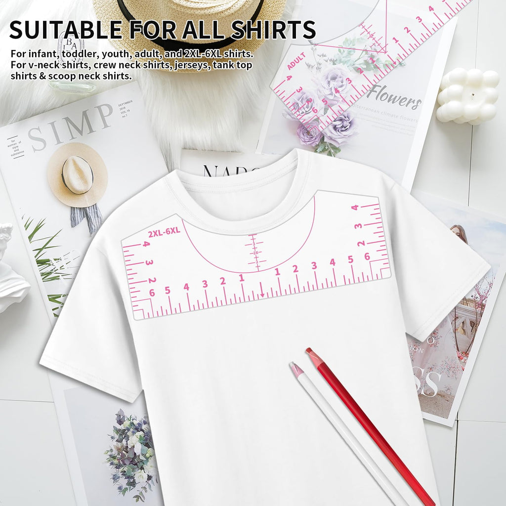 9Pcs Tshirt-Ruler Guide to Center Vinyl, Transparent V-Neck/Round PVC Ruler for Alignment, Heat Press, Children Youth Adult, Front and Back Measurement (10in)
