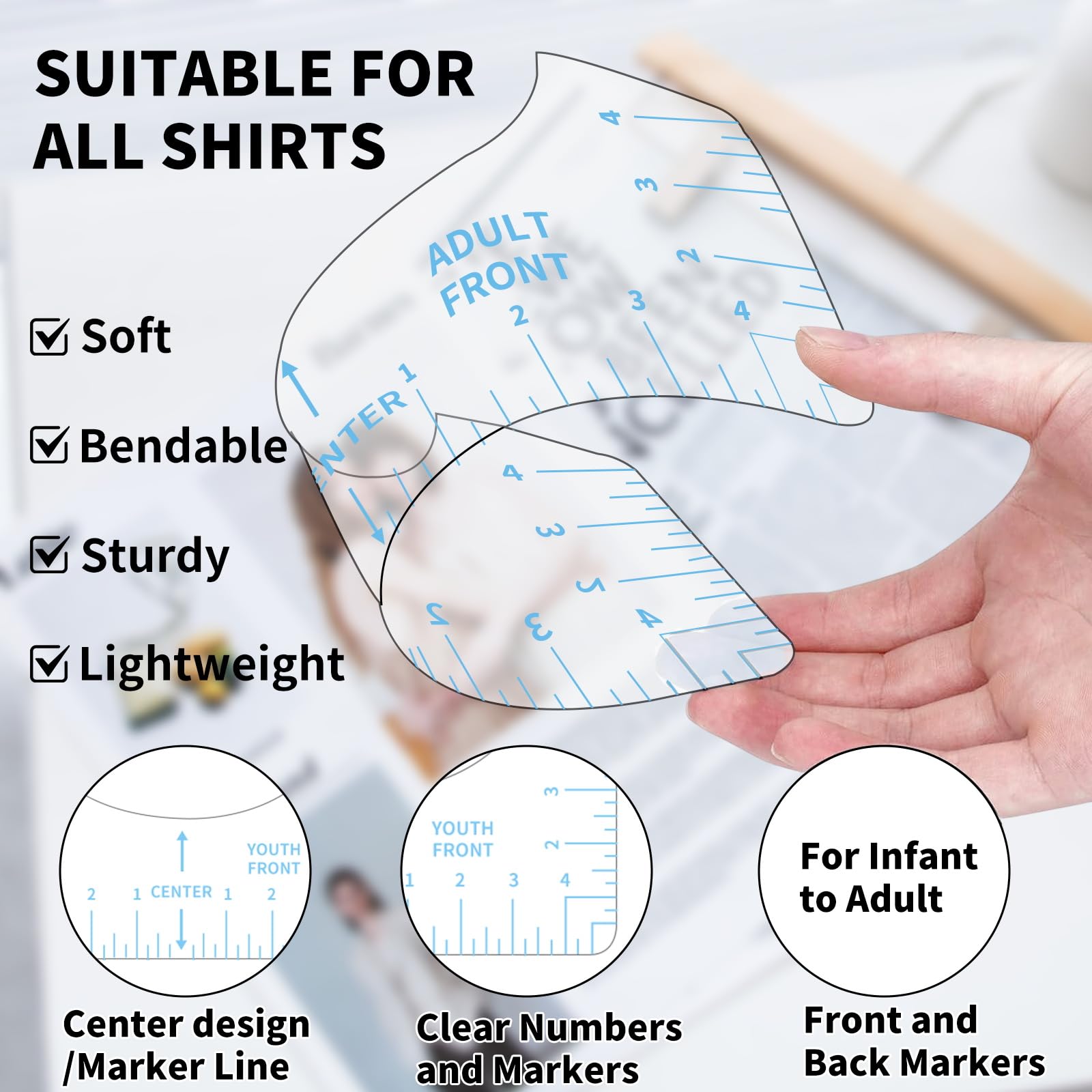 9Pcs Tshirt-Ruler Guide to Center Vinyl, Transparent V-Neck/Round PVC Ruler for Alignment, Heat Press, Children Youth Adult, Front and Back Measurement (10in)
