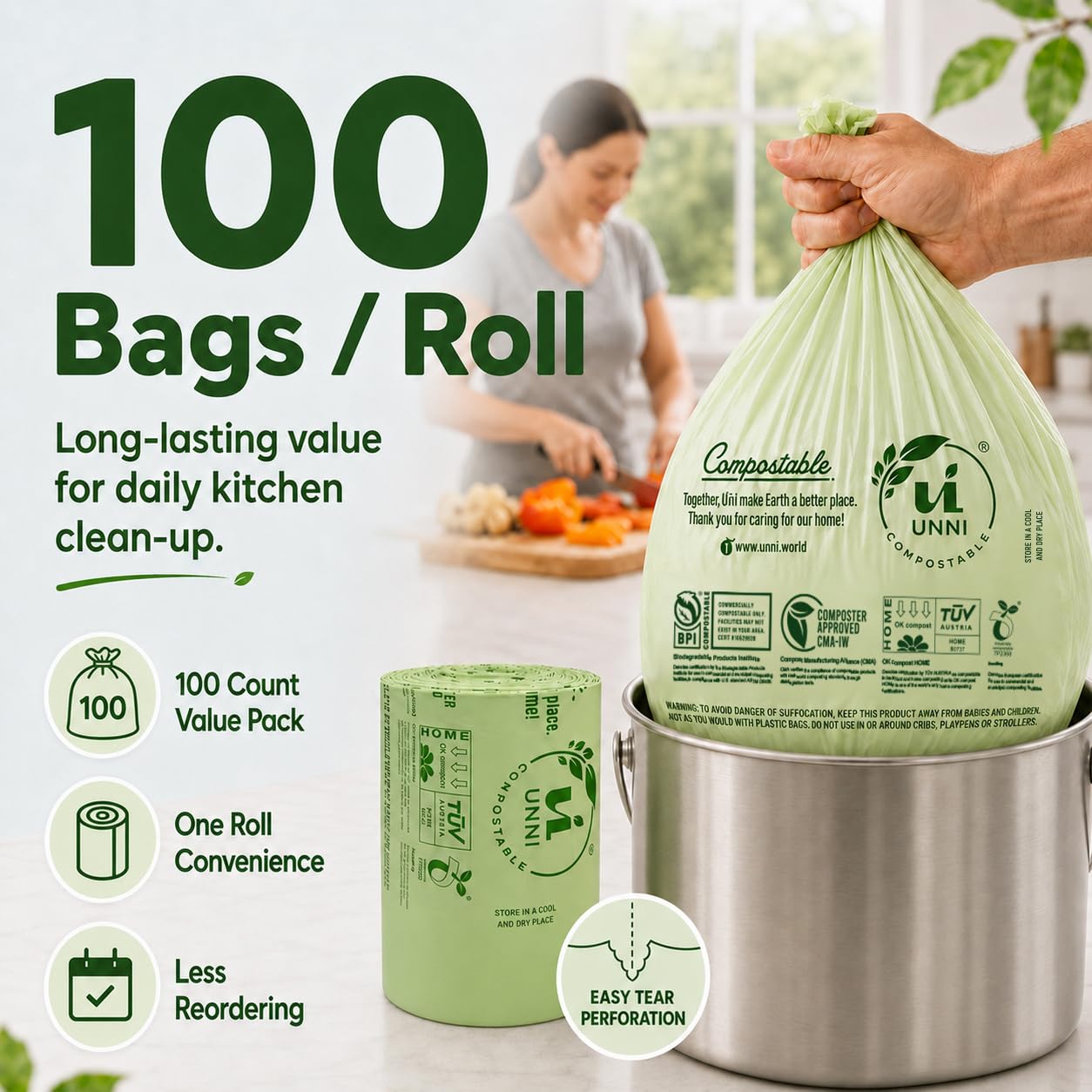 UNNI Compostable Trash Bags, 2.6 Gallon / 9.84 Liter, 100 Count, Extra Thick 0.71 Mil Small Kitchen Food Scrap Bin Liners, Certified by BPI, CMA & OK compost HOME, Meets the ASTM D6400 Standard
