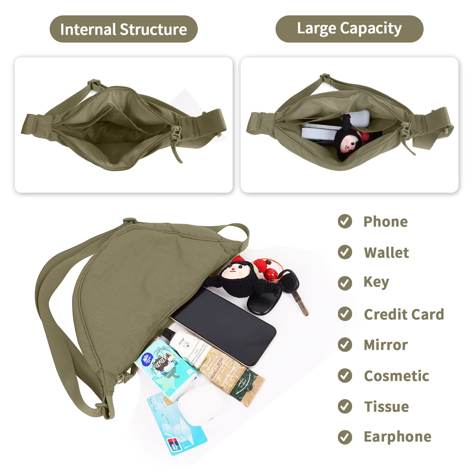 Nylon Crescent Crossbody Bag for Women Purses Trendy Men,Small Travel Sling Bag Hobo