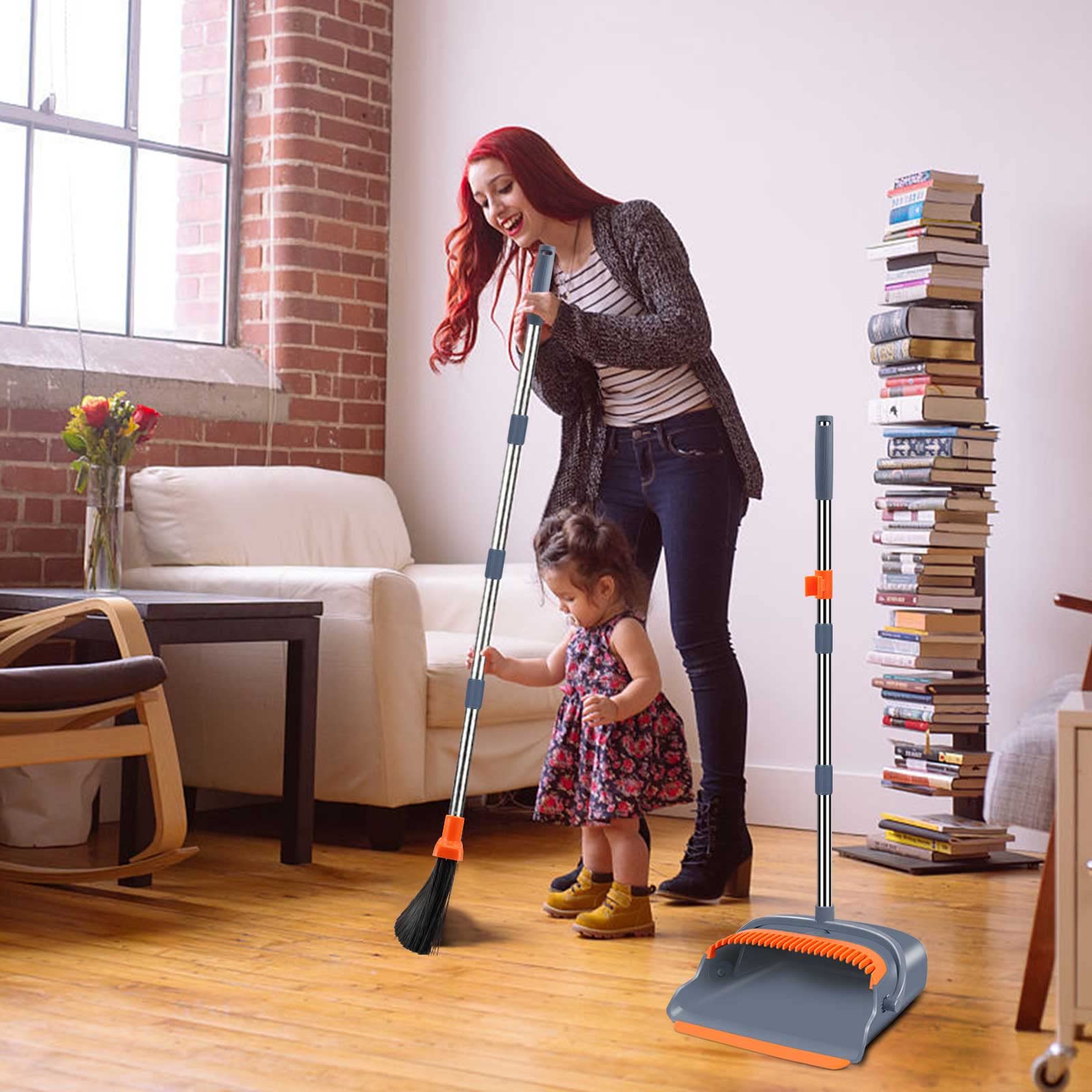 Upgrade Broom and Dustpan Set, Large Size and with Long Handle, Upright,Ideal for Indoor Outdoor Garage Kitchen Room Office Lobby Use (Green)
