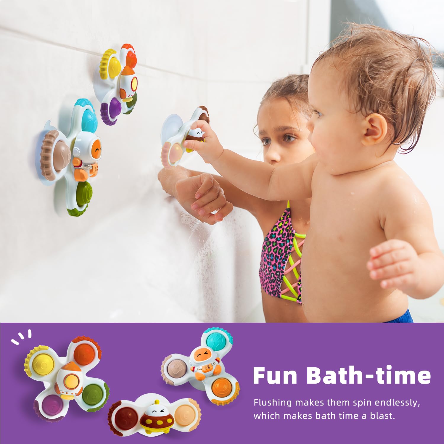 LiKee Strong Suction Cup Fidget Rotating Sensory Bath Toys for Baby Christmas Stocking Stuffers, Airplane Car Travel Table & Window Toys for Toddler Boys and Girls, 10+ Months
