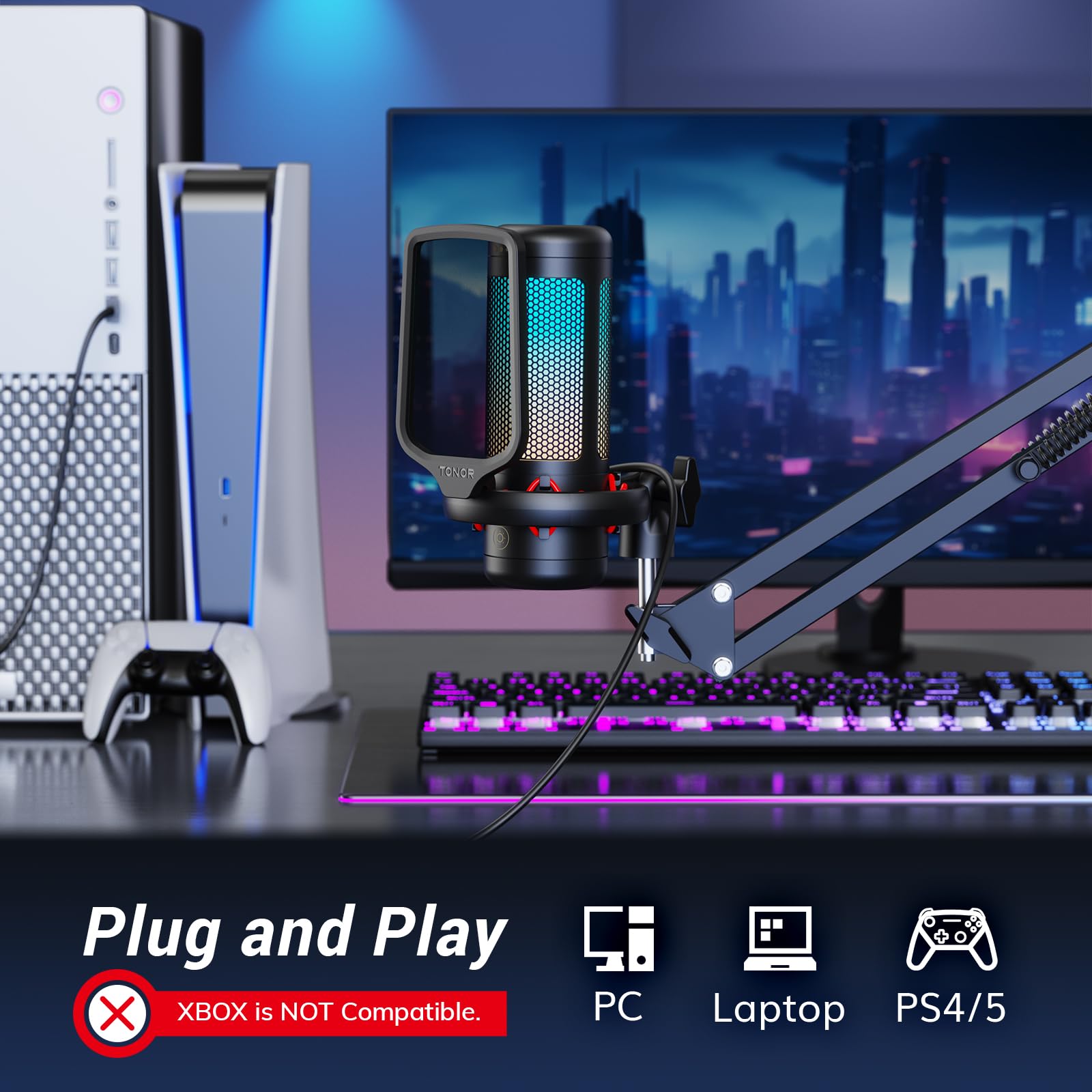 TONOR Gaming Microphone Set with Boom Arm, Vocal Condenser Microphone for PC with Stand, USB Mic with controllable RGB Light, One Tap Mute, Volume Control, for Discord, Twitch Streaming, TC310+