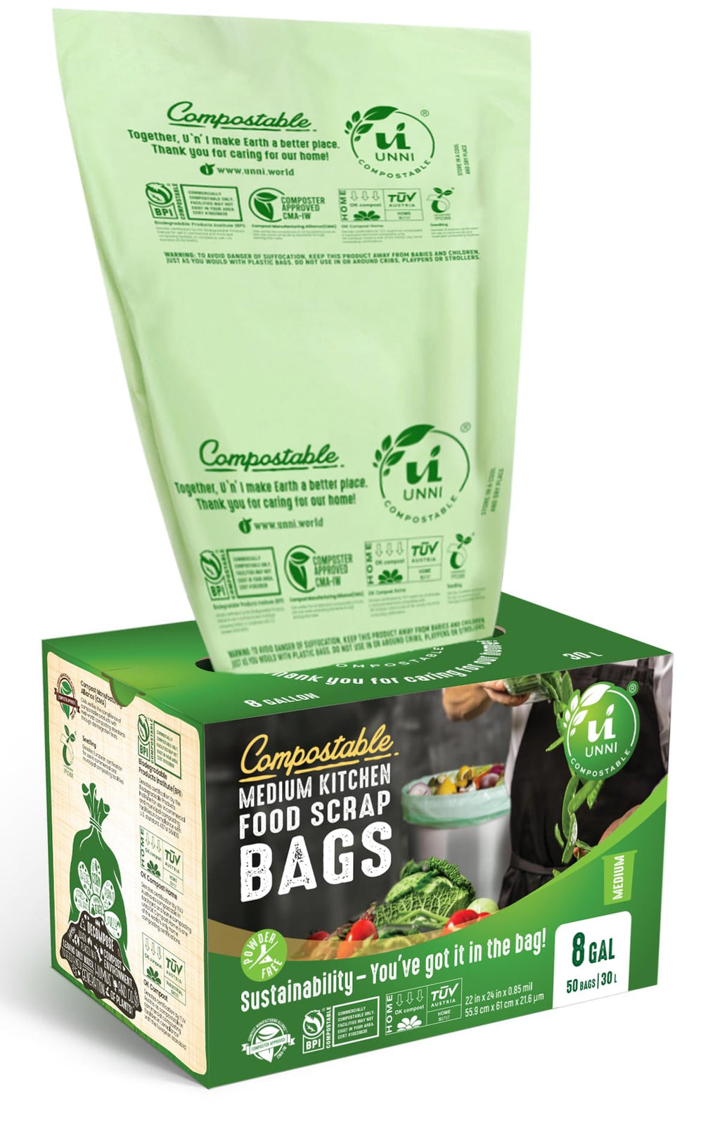 UNNI Compostable Trash Bags, 2.6 Gallon / 9.84 Liter, 100 Count, Extra Thick 0.71 Mil Small Kitchen Food Scrap Bin Liners, Certified by BPI, CMA & OK compost HOME, Meets the ASTM D6400 Standard
