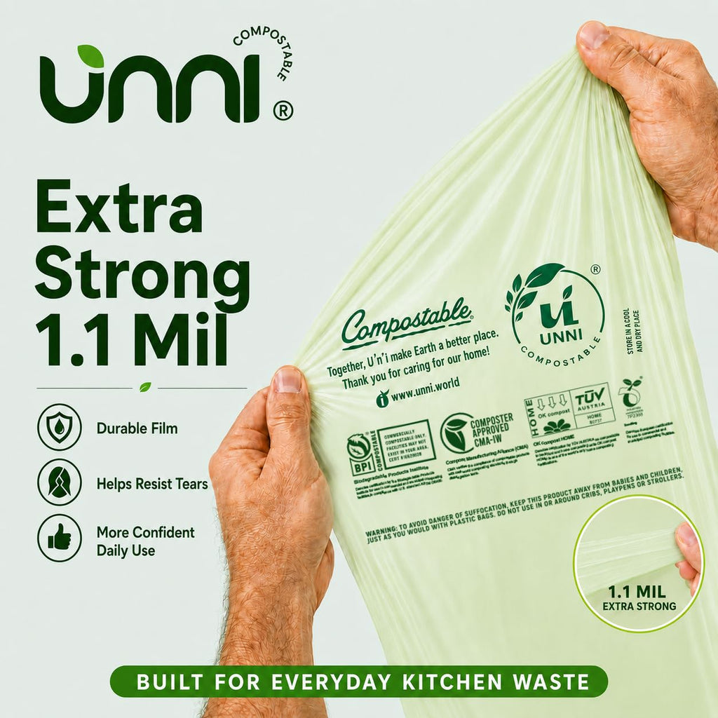 UNNI Compostable Trash Bags, 2.6 Gallon / 9.84 Liter, 100 Count, Extra Thick 0.71 Mil Small Kitchen Food Scrap Bin Liners, Certified by BPI, CMA & OK compost HOME, Meets the ASTM D6400 Standard