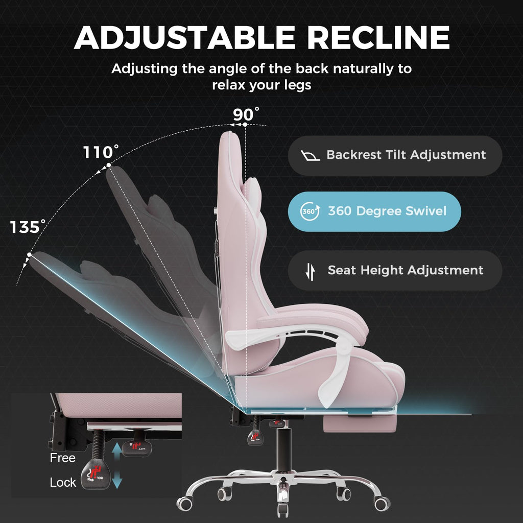 GTPLAYER Gaming Chair, Computer Chair with Footrest and Lumbar Support, Height Adjustable Game Chair with 360°-Swivel Seat and Headrest and for Office or Gaming (Pearl White)