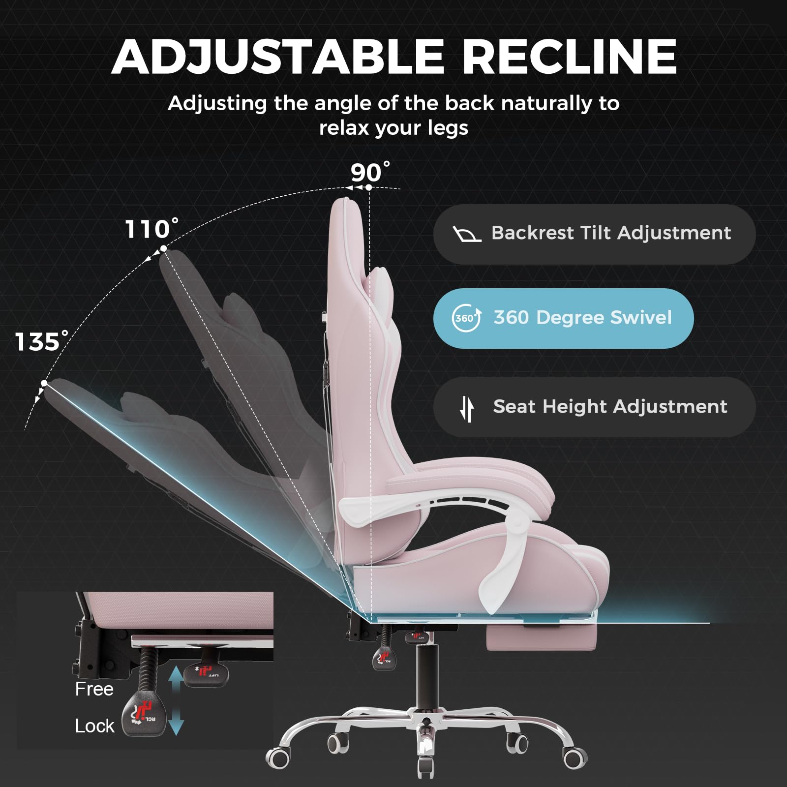 GTPLAYER Gaming Chair, Computer Chair with Footrest and Lumbar Support, Height Adjustable Game Chair with 360°-Swivel Seat and Headrest and for Office or Gaming (Pearl White)