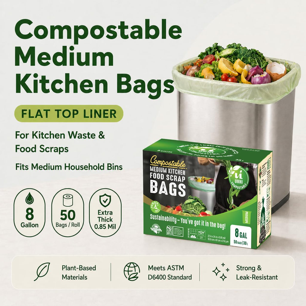 UNNI Compostable Trash Bags, 2.6 Gallon / 9.84 Liter, 100 Count, Extra Thick 0.71 Mil Small Kitchen Food Scrap Bin Liners, Certified by BPI, CMA & OK compost HOME, Meets the ASTM D6400 Standard