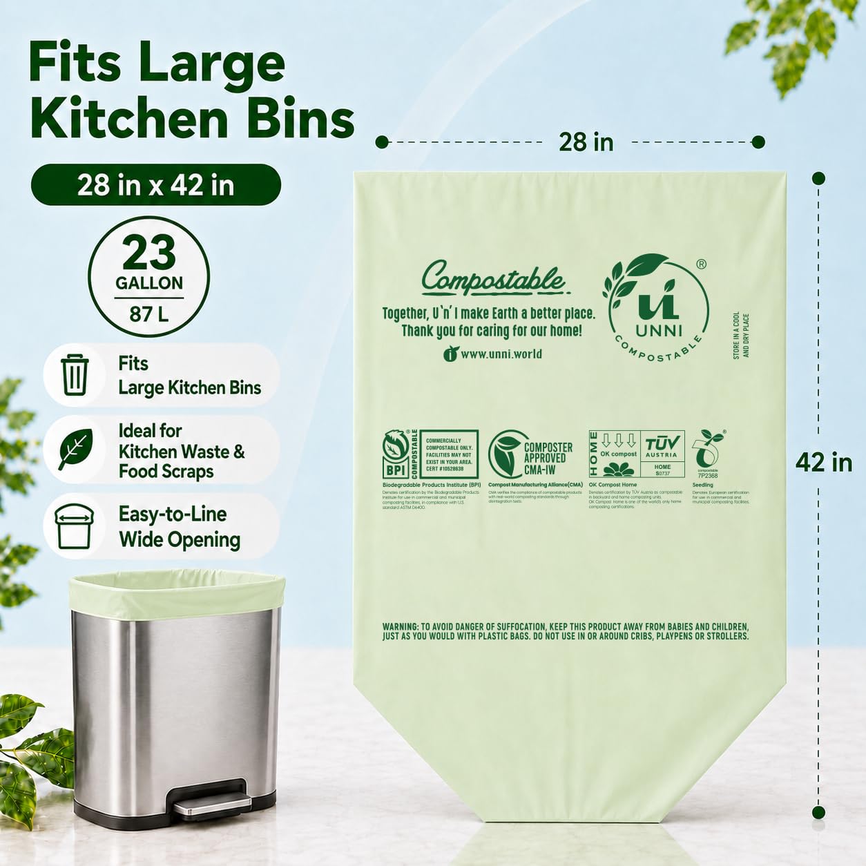 UNNI Compostable Trash Bags, 2.6 Gallon / 9.84 Liter, 100 Count, Extra Thick 0.71 Mil Small Kitchen Food Scrap Bin Liners, Certified by BPI, CMA & OK compost HOME, Meets the ASTM D6400 Standard