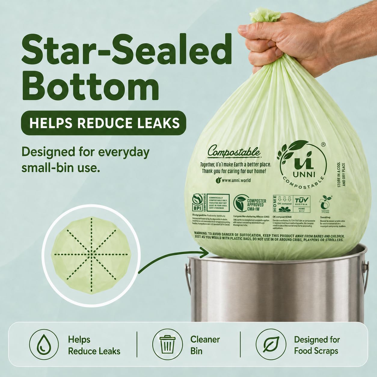 UNNI Compostable Trash Bags, 2.6 Gallon / 9.84 Liter, 100 Count, Extra Thick 0.71 Mil Small Kitchen Food Scrap Bin Liners, Certified by BPI, CMA & OK compost HOME, Meets the ASTM D6400 Standard