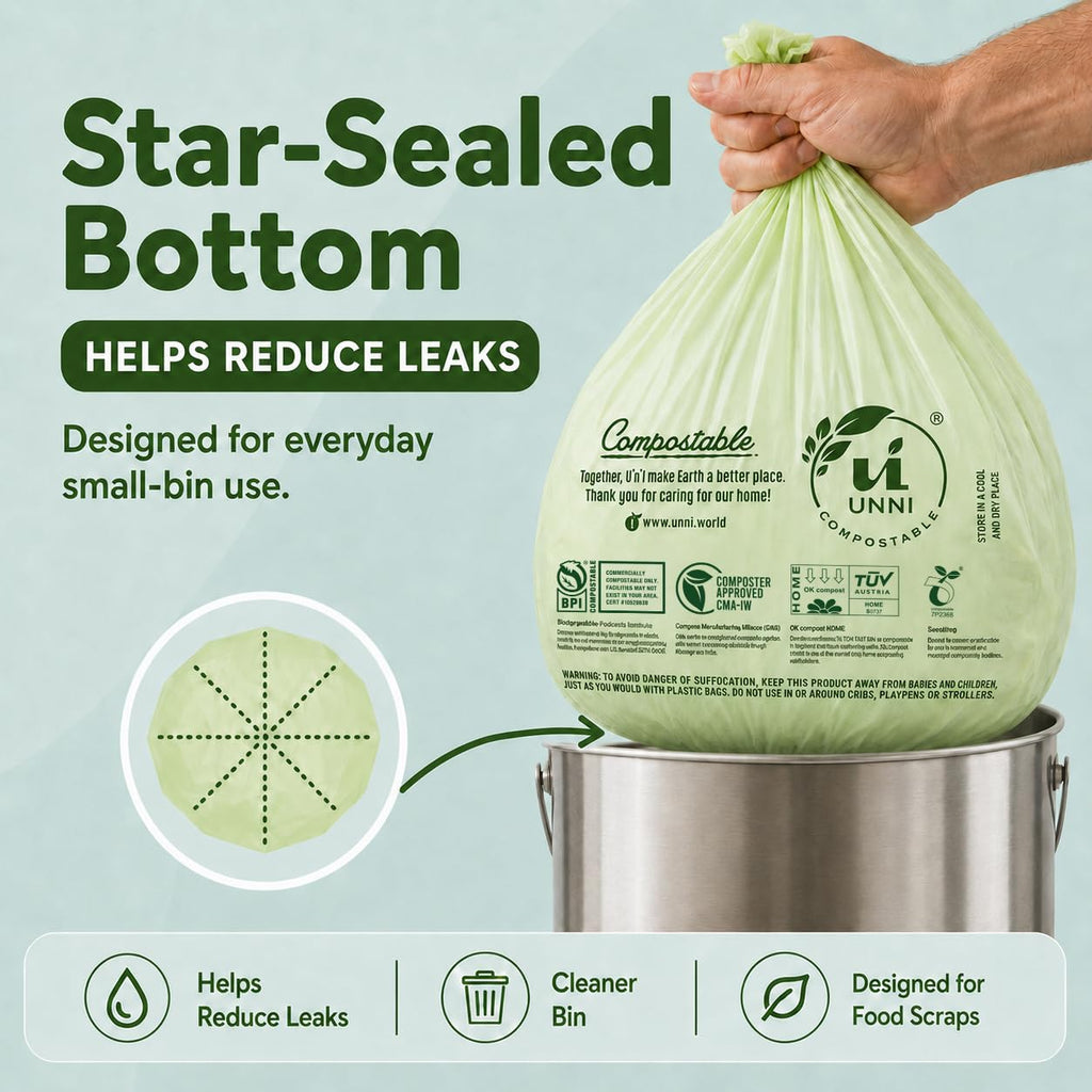 UNNI Compostable Trash Bags, 2.6 Gallon / 9.84 Liter, 100 Count, Extra Thick 0.71 Mil Small Kitchen Food Scrap Bin Liners, Certified by BPI, CMA & OK compost HOME, Meets the ASTM D6400 Standard