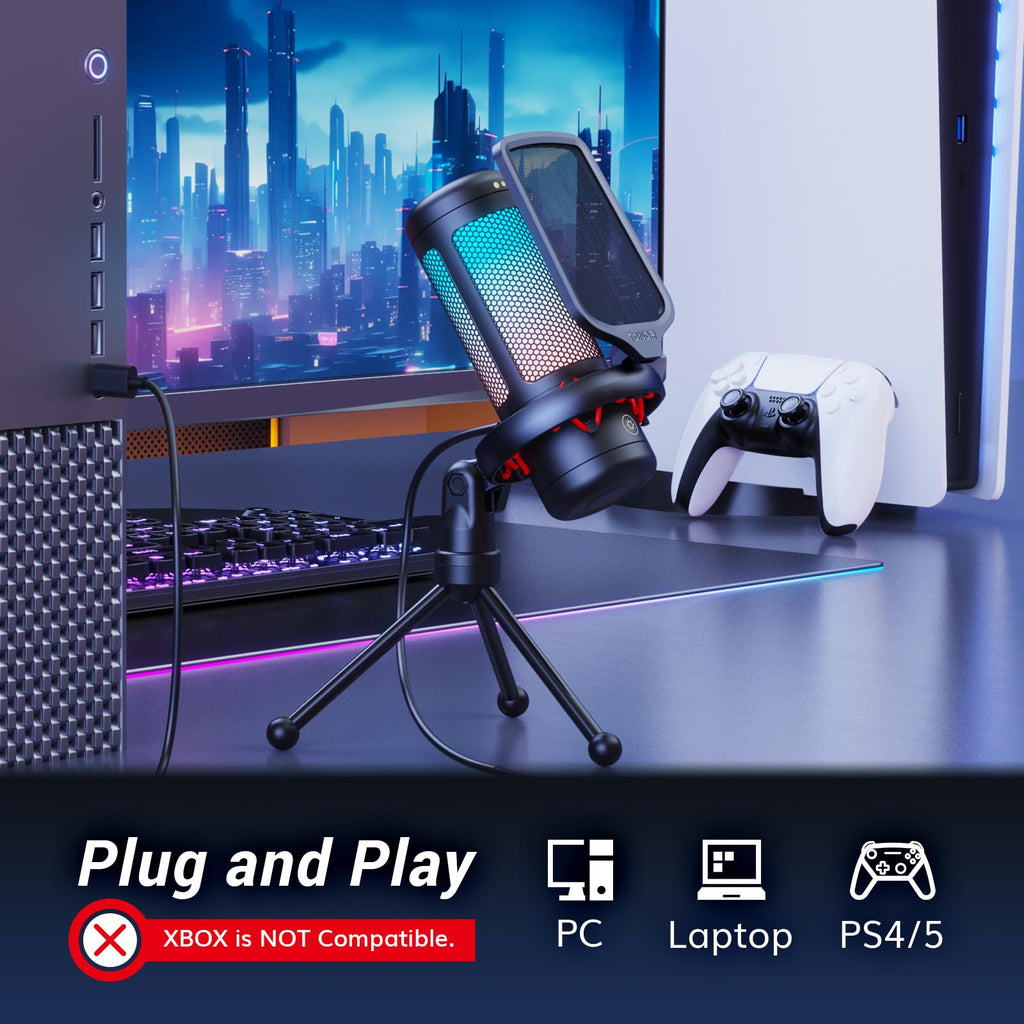 TONOR Gaming Microphone Set with Boom Arm, Vocal Condenser Microphone for PC with Stand, USB Mic with controllable RGB Light, One Tap Mute, Volume Control, for Discord, Twitch Streaming, TC310+