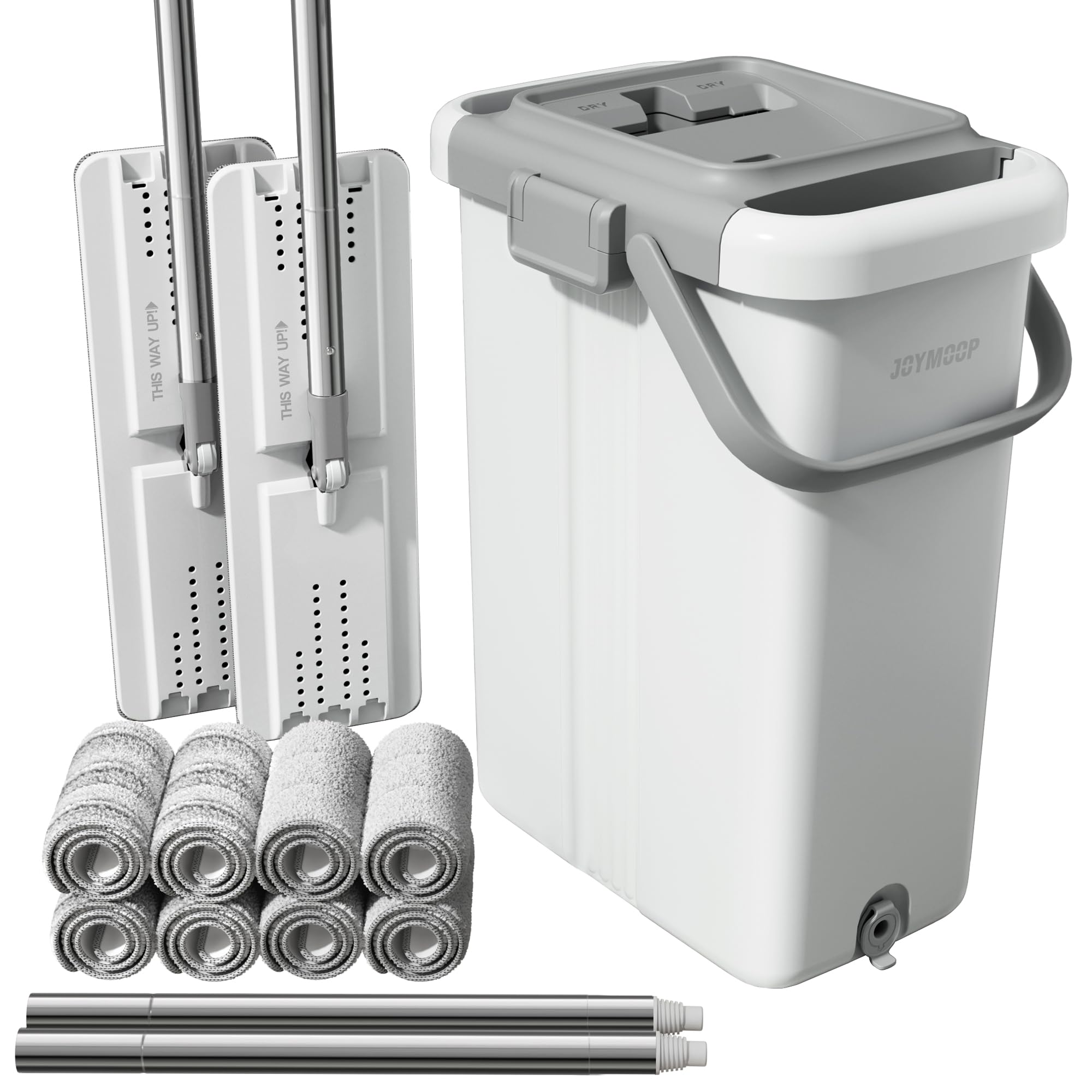 JOYMOOP Mop and Bucket Set, Hands-Free Flat Floor Mop with 3 Washable Microfiber Pads, Wet and Dry Use, Ideal for Home and Commercial Floor Cleaning