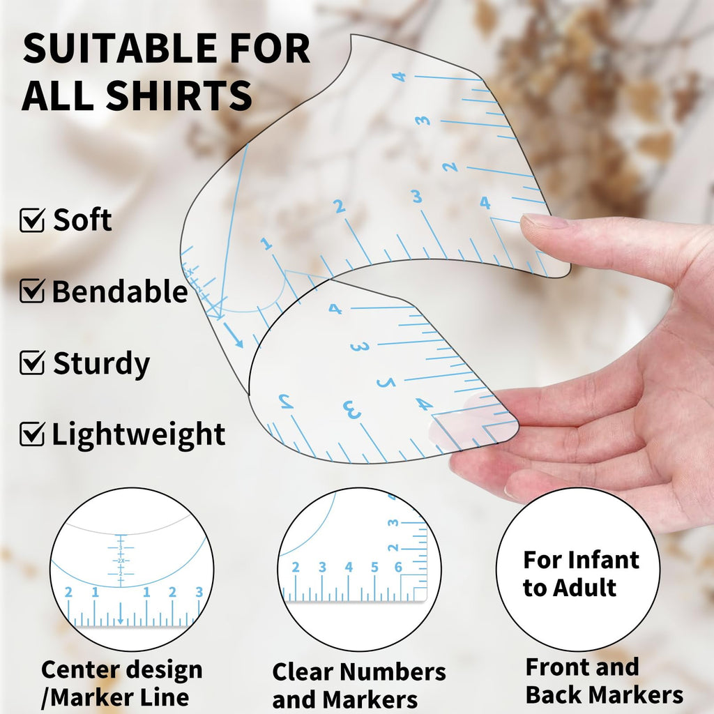 9Pcs Tshirt-Ruler Guide to Center Vinyl, Transparent V-Neck/Round PVC Ruler for Alignment, Heat Press, Children Youth Adult, Front and Back Measurement (10in)
