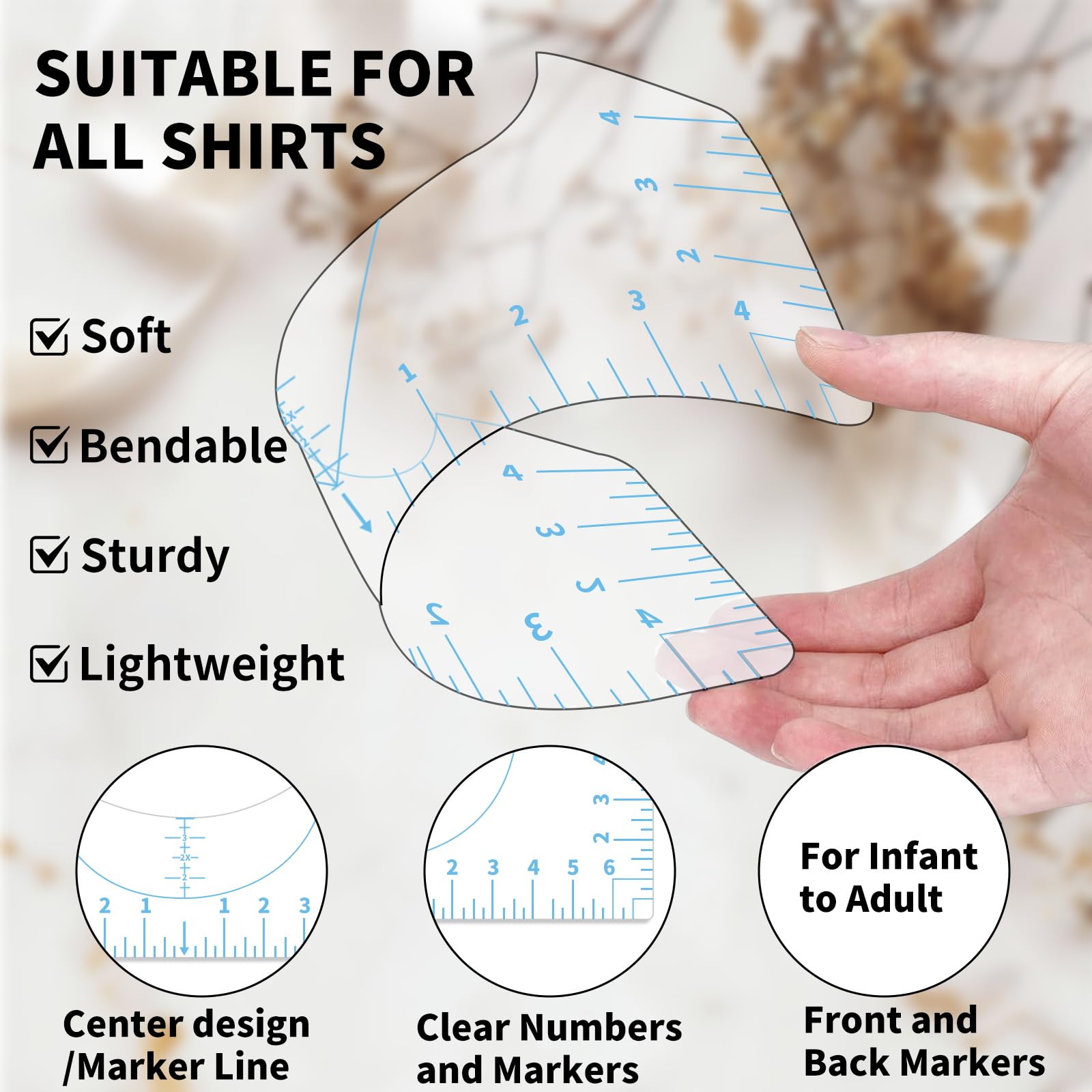 9Pcs Tshirt-Ruler Guide to Center Vinyl, Transparent V-Neck/Round PVC Ruler for Alignment, Heat Press, Children Youth Adult, Front and Back Measurement (10in)